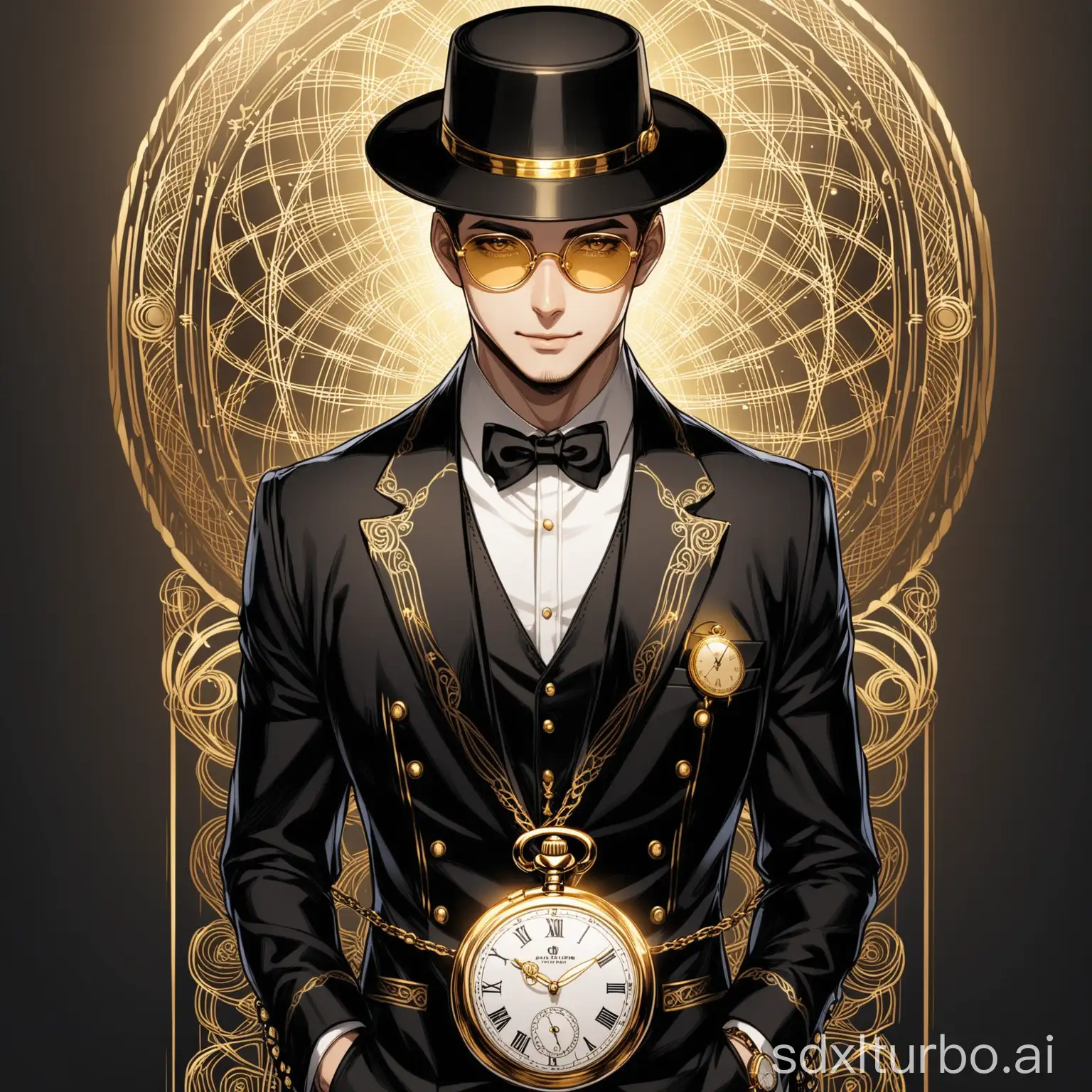 A man, golden glasses, black suite with golden intricate lines, golden pocket watch, black hat with golden line