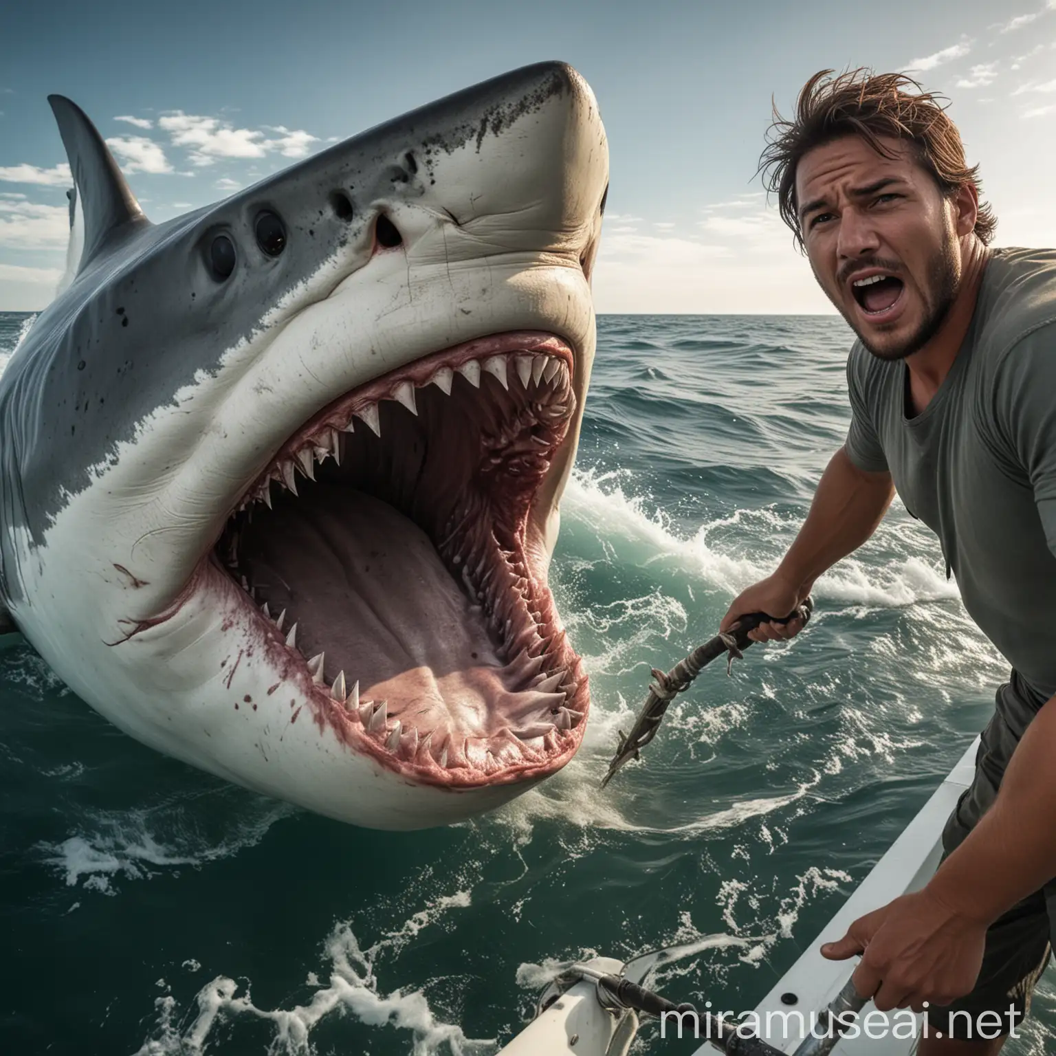 Nelayan  tampan wajah menghadap ke arah kamera,menangkap hiu besar dan menariknya ke perahu. Mulut hiu terbuka dan air mengalir keluar dari mulut hiu,dengan gaya realistis ultra HDR extreme original face 