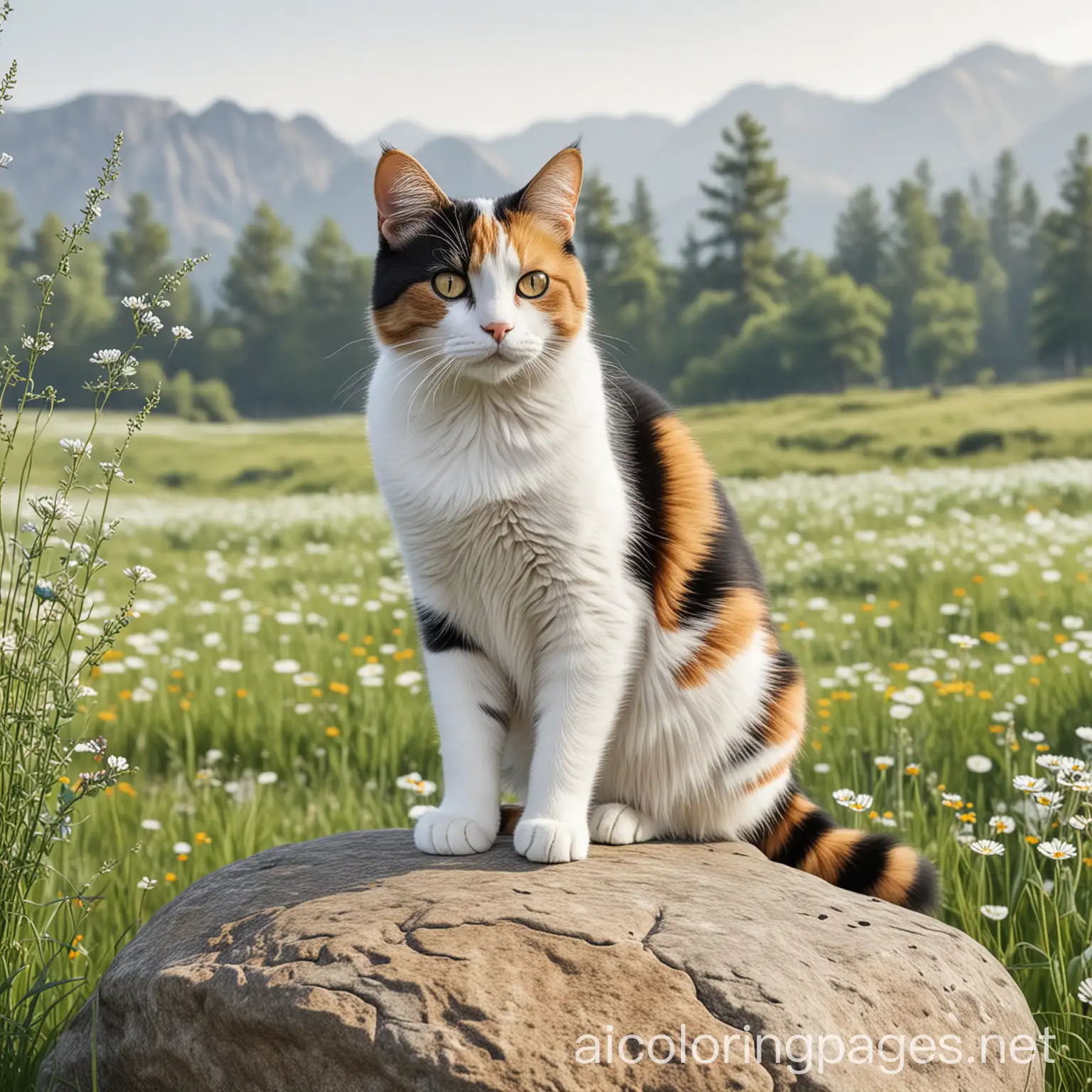 Calico-Cat-on-Rock-Overlooking-Meadow-Coloring-Page
