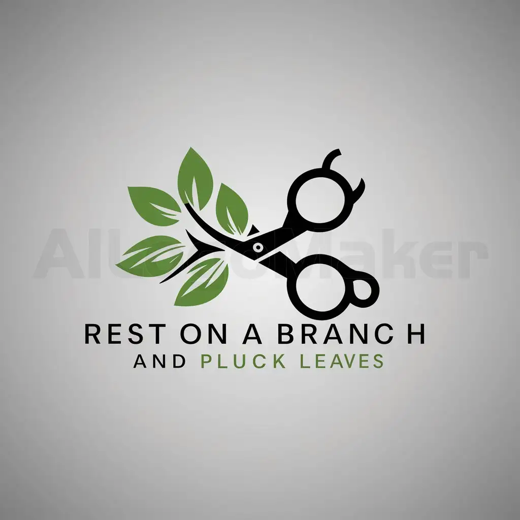 a logo design,with the text "rest on a branch and pluck leaves", main symbol:green leaves, tree branches, make a scissor with bopo,Minimalistic,be used in Technology industry,clear background