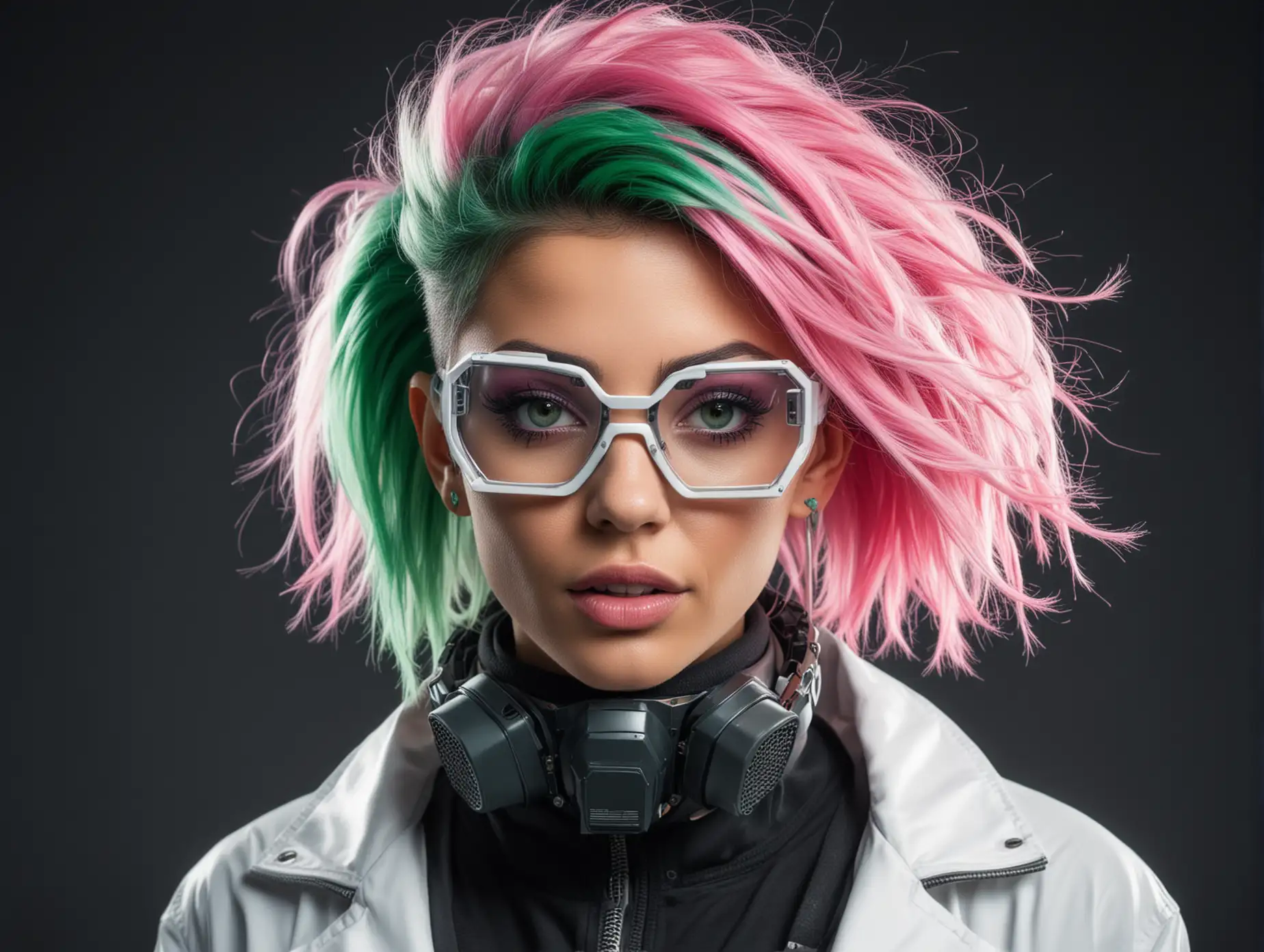 a futuristic woman scientist with green and pink punk hair and a tech mouthmask with glasses and with a white jacket with black, smoky background 