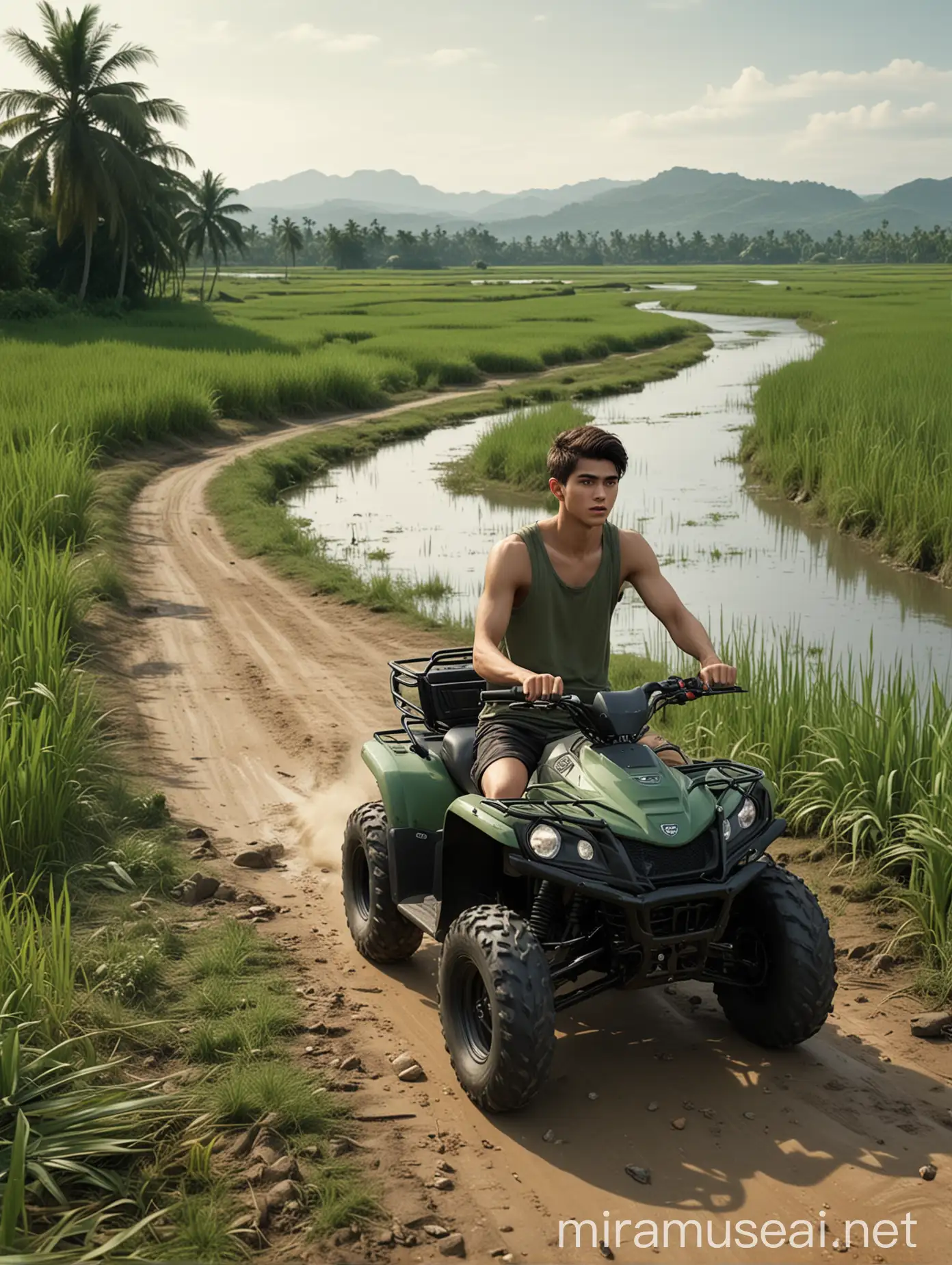 Adventurous Teen on ATV Sage Green Tank Top Black Shorts River and Paddy Fields Background