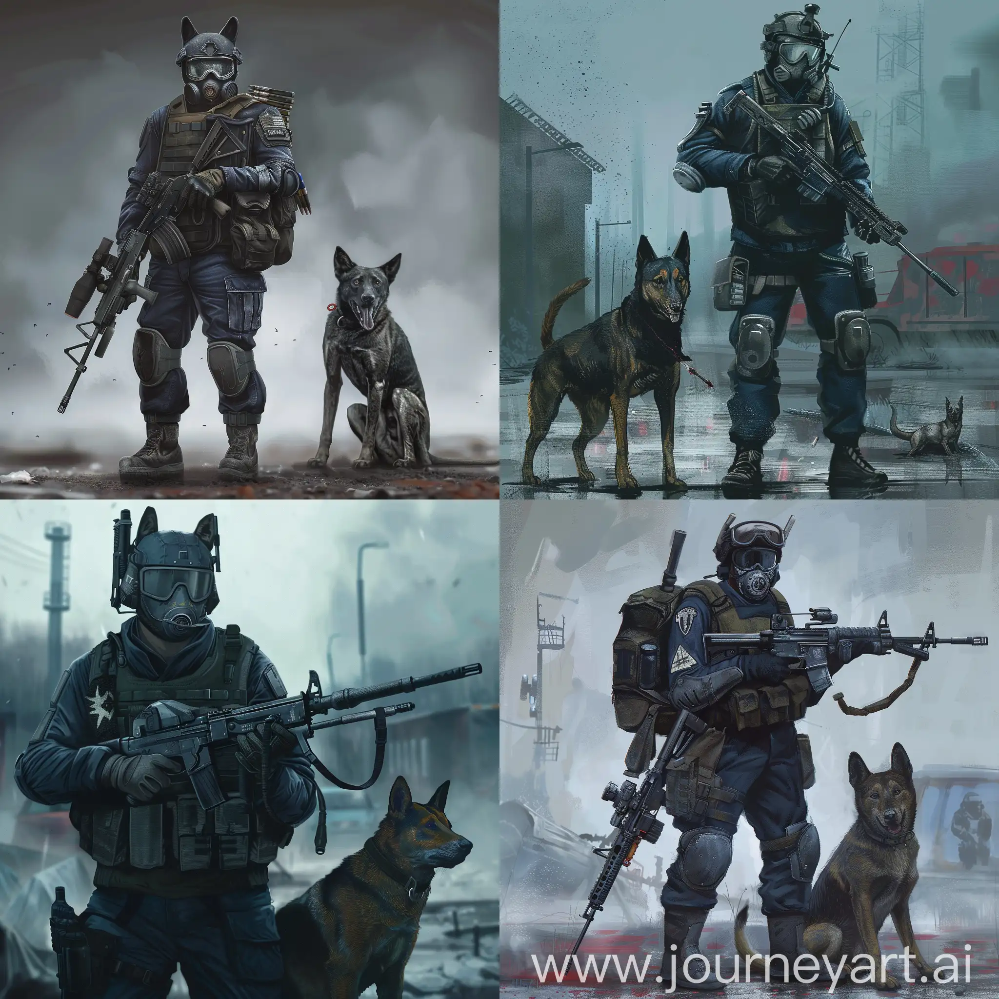 A digital game character concept art, mercenary in a gasmask, helmet, a heavy dark blue armored suit, military unloading, in the hands a hunting sniper rifle, with dog mutant on radiation chernobyl zone.