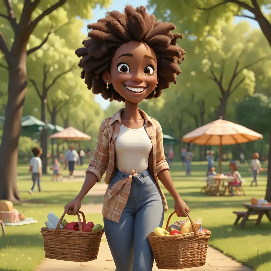 defined 3D Cartoon-style African American walking in the park with picnic baskets smiling