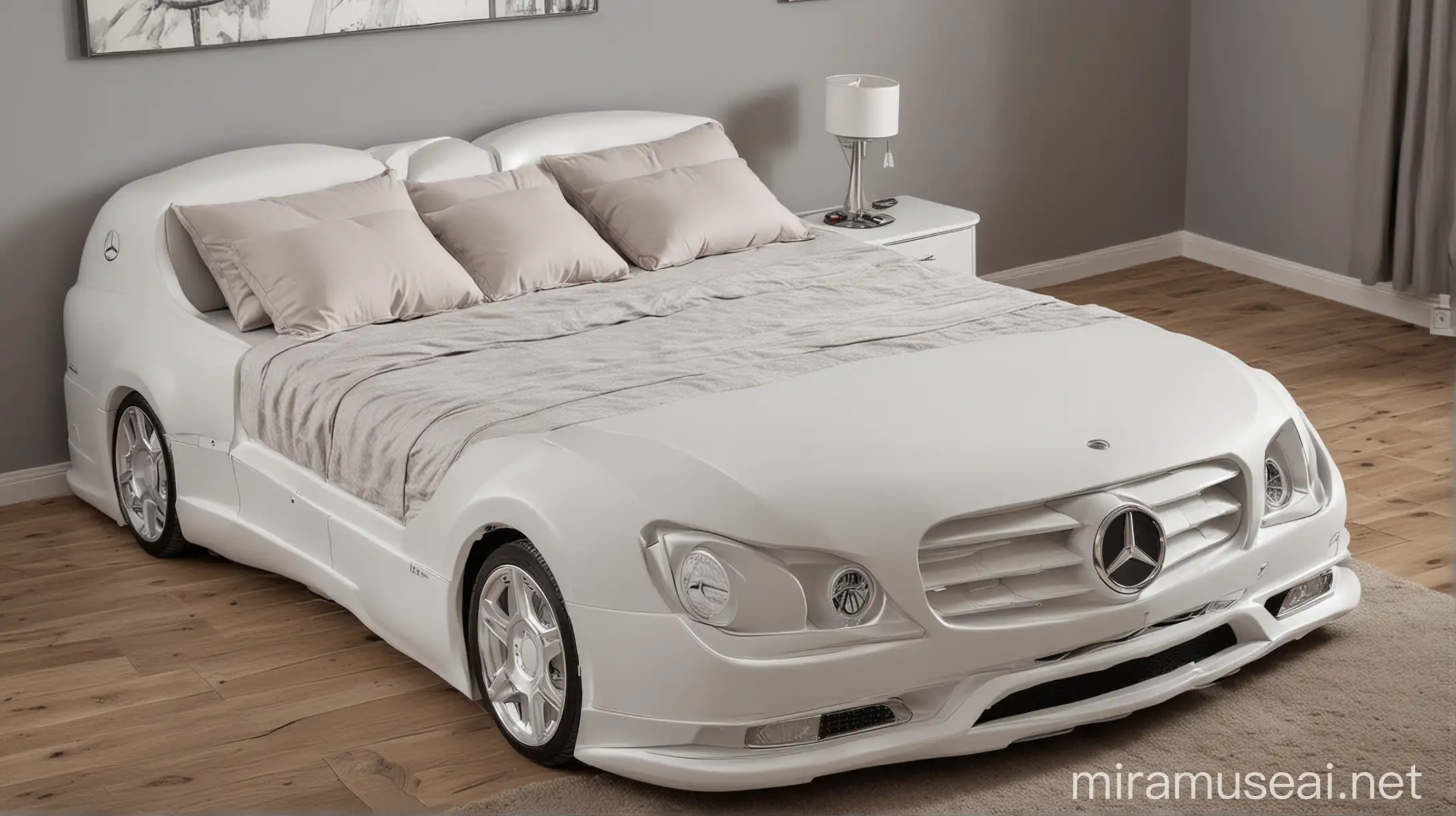 Double bed in the shape of a Mercedes car.
