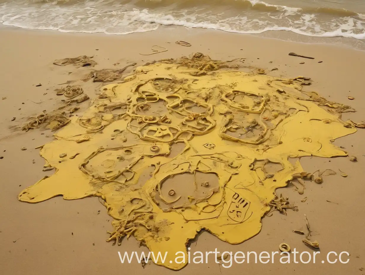 загрязненный пляж в виде детского рисунка  в жёлтых тоннах