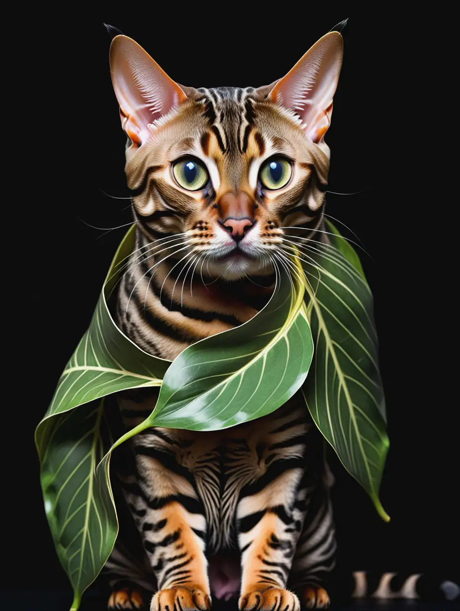 Bengal Cat Nestled in Enormous Leaf on Dark Background