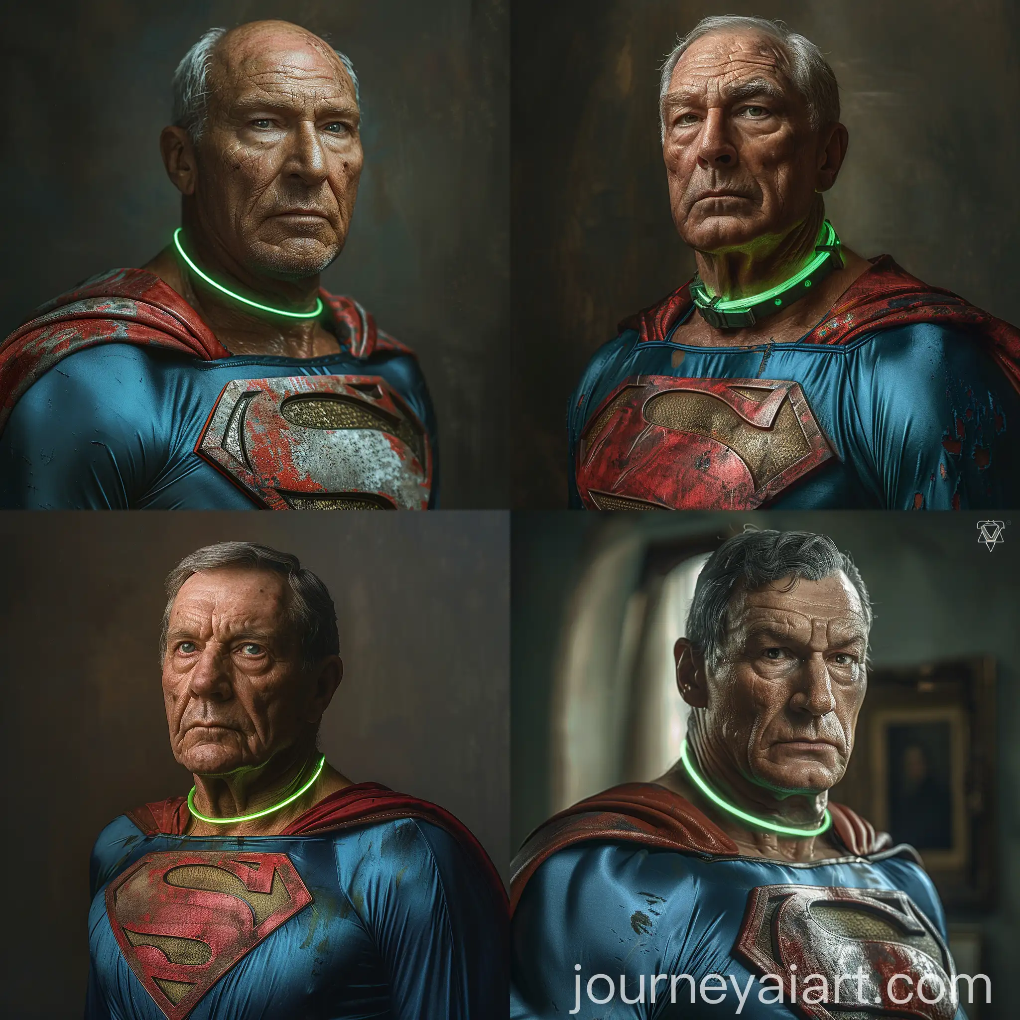 Serious-Elderly-Man-in-Royal-Blue-Superman-Costume-with-Glowing-Green-Dog-Collar-and-Red-Cape