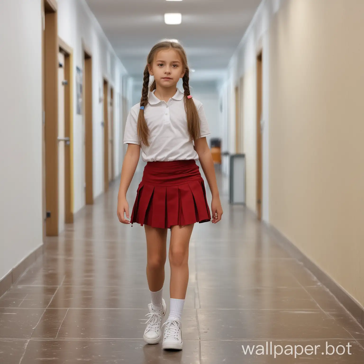 beautiful Russian girl 10-years-old in tennis shoes is walking in school hallway toward camera, full length, dynamic poses, front view, dynamics, she is wearing a mini-skirt
