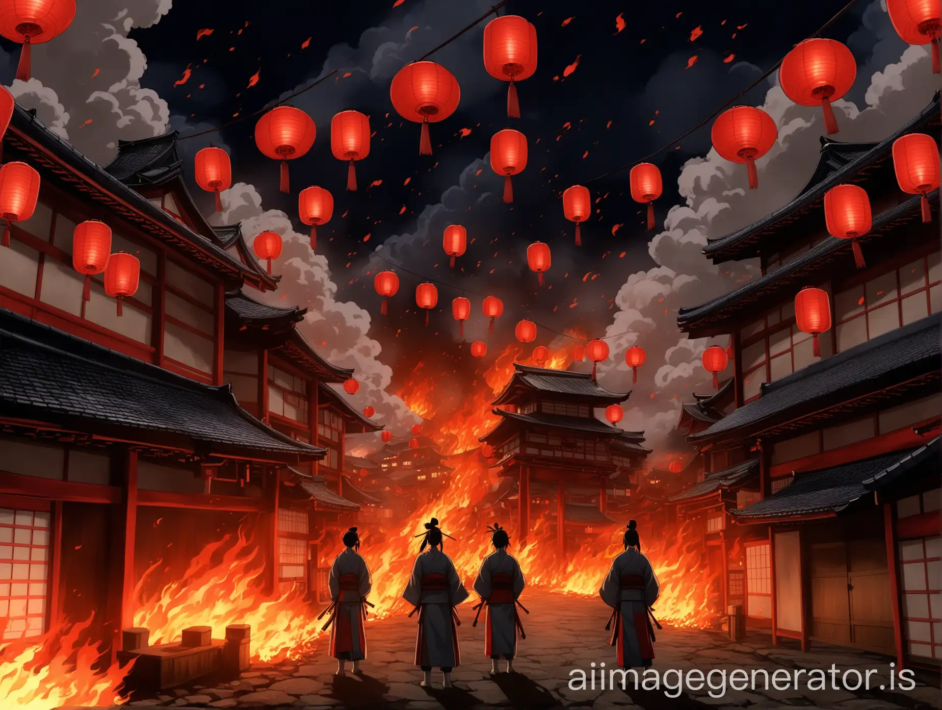 anime scenery, feudal japan, red paper lanterns, buildings on fire, plumes of smoke, nighttime