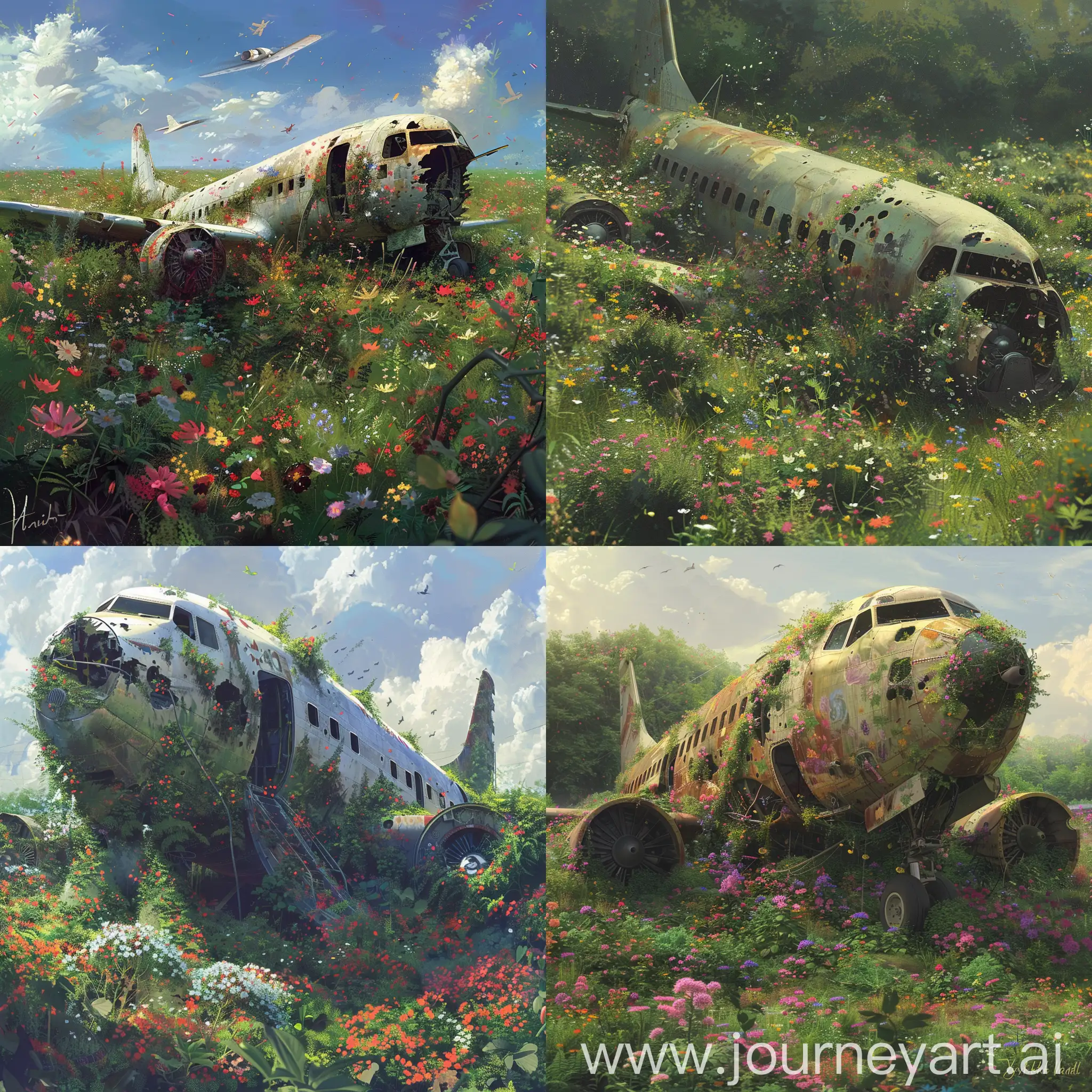 there is a painting of an old airplane in a field of flowers, beautiful digital artwork, stunning art style, overgrowth. by makoto shinkai, ross tran. scenic background, by Yoshihiko Wada, lan mcque, stefan koidl inspired, beautiful detailed concept art, by sylvain sarrailh, humanoids overgrown with flowers
