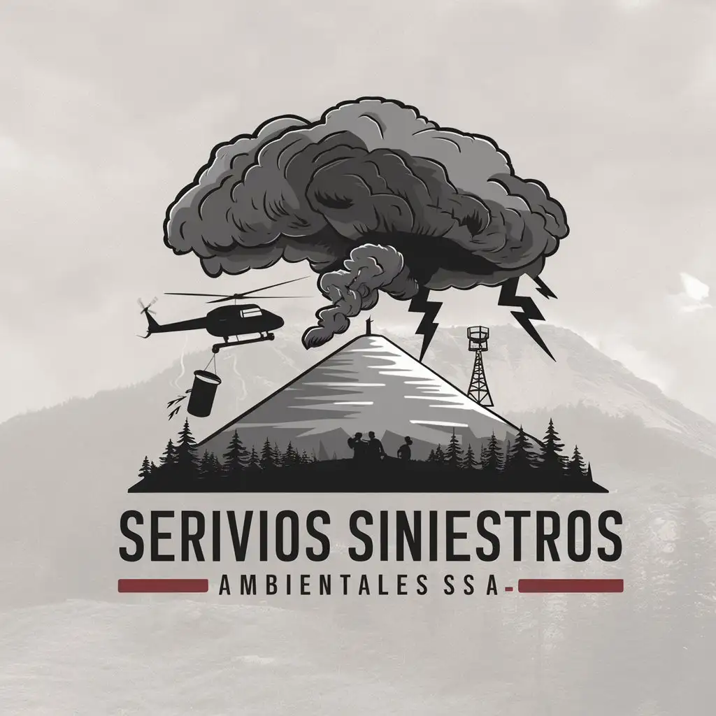 a logo design,with the text "Serivios Siniestros Ambientales SSA", main symbol:Helicopter sling a 'bambi bucket' on it's belly to a mountain. It's a flat topped mountain with a cell phone tower on the top of it. There's a forest fire burning on the mountain, no flame, just lots of smoke puffing up. A cumulonimbus anvil cloud with lightning looms over the mountain. 3 silhouettes of forest fire fighters stand at the base of the mountain.,Moderate,clear background