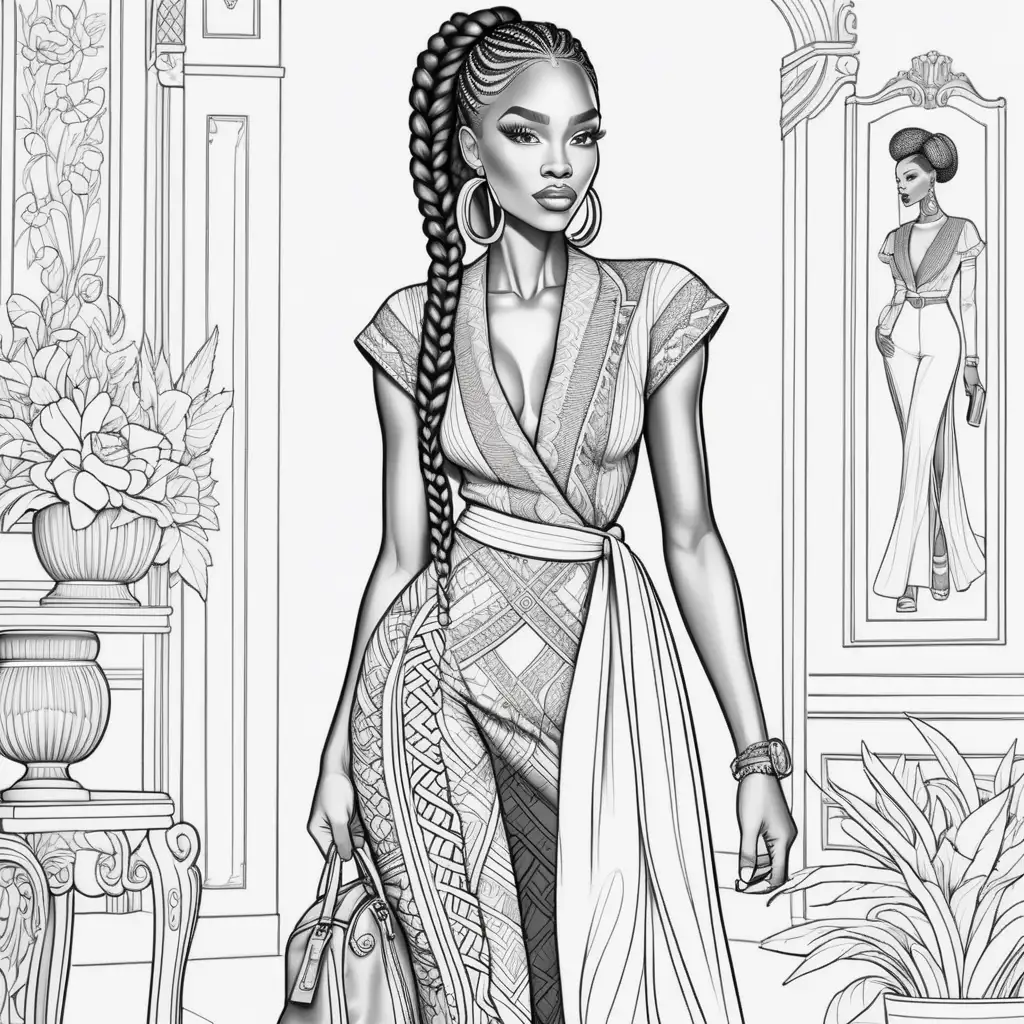 Create a high fashion coloring page featuring a stylish melanin woman with. She should be walking with confidence, showcasing a chic and trendy outfit. Ensure the illustration captures her elegance and strength, with intricate details in her braids and attire to make the coloring experience engaging and enjoyable.