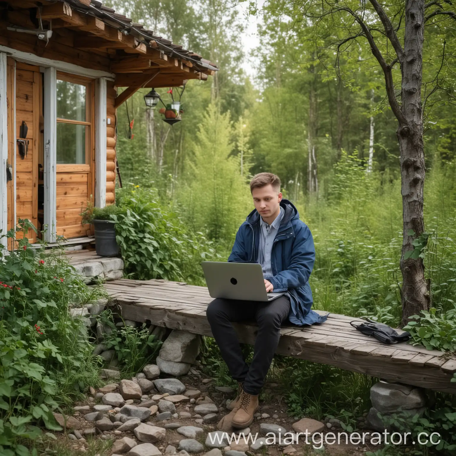 Сгенерируй айтишника сидящего на даче, на природе, за ноутбуком,