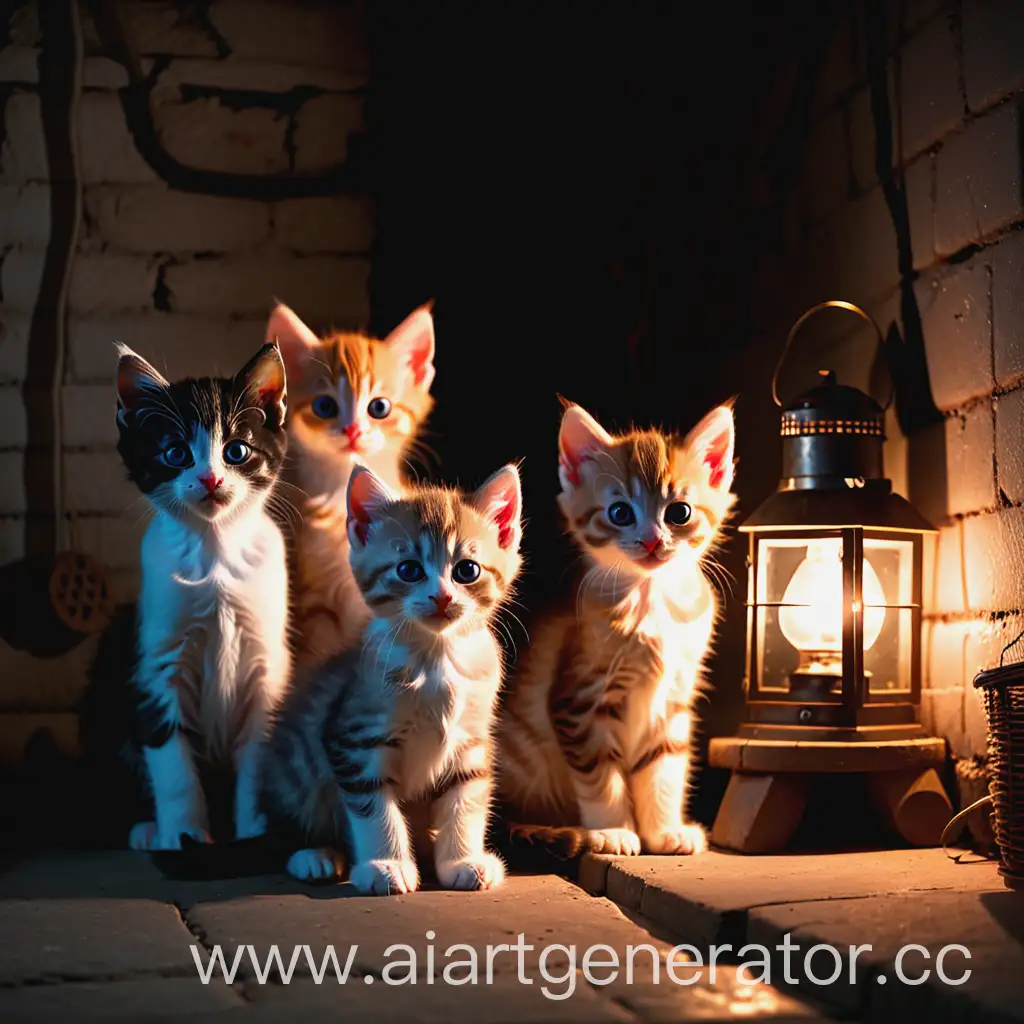 Три разных котика сидят в подвале который освещен фонарем