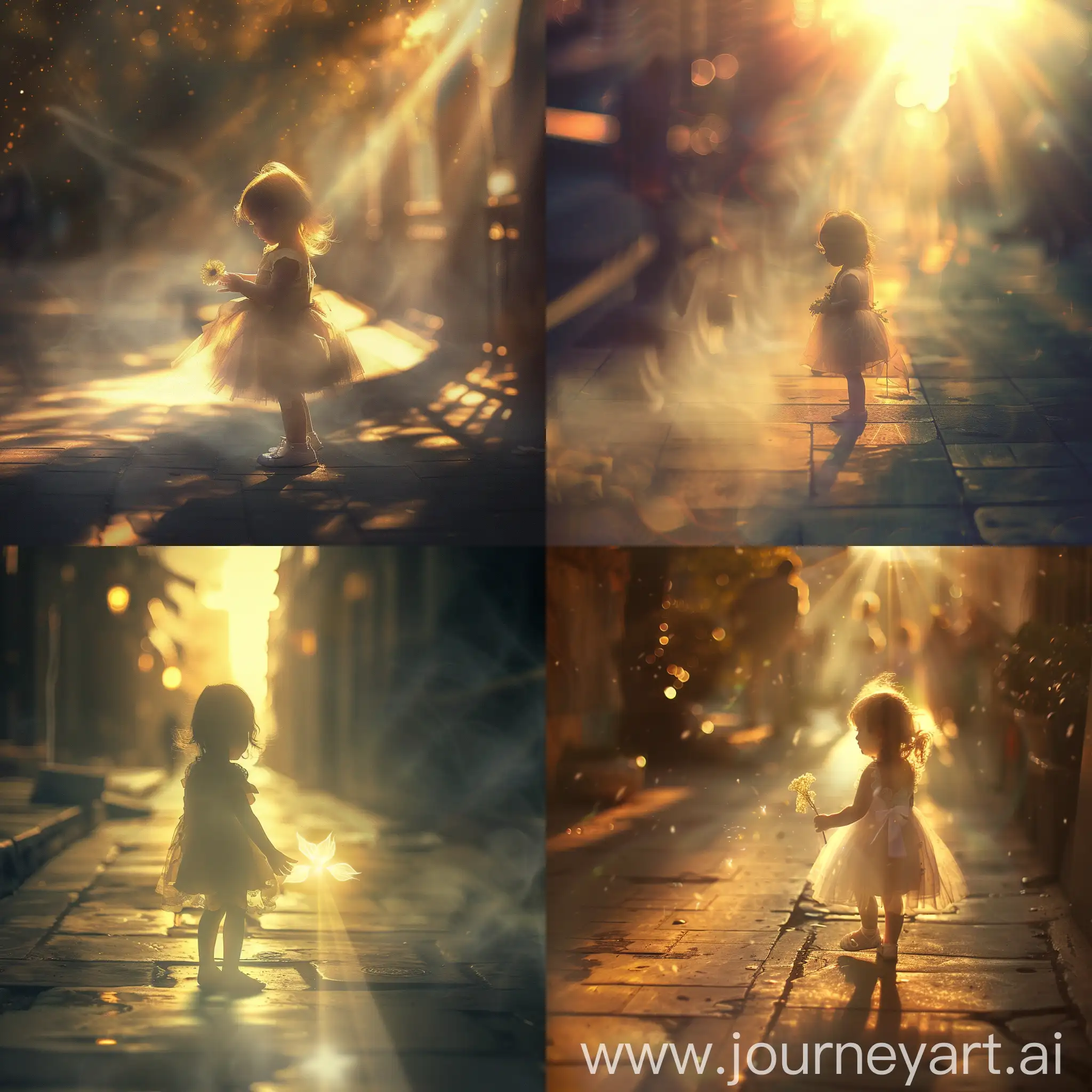 Fantasy-Little-Flower-Girl-Glowing-on-Sidewalk-with-Soft-Fog-and-Sun-Rays