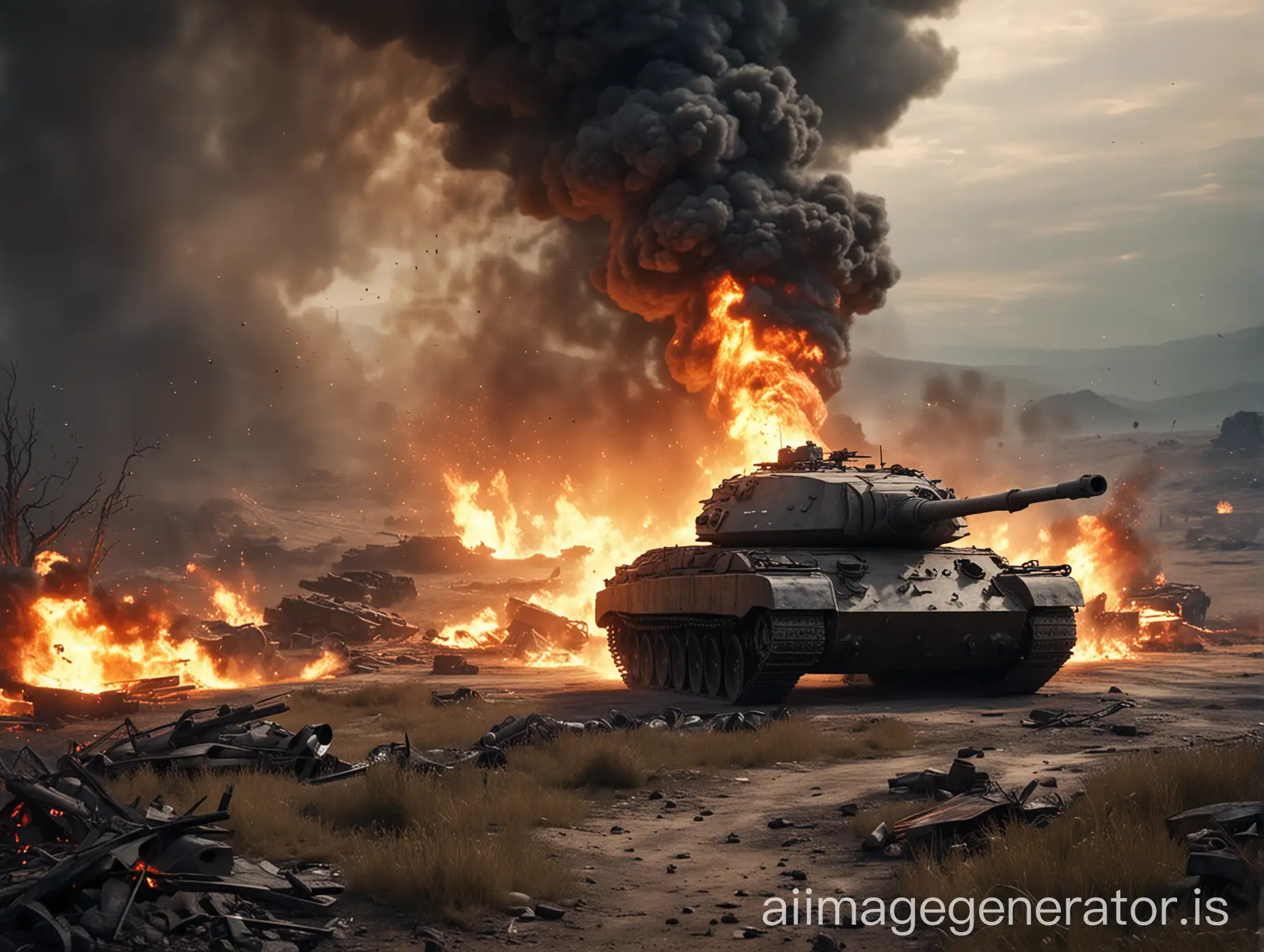 Landscape full HD battle atmosphere, there was a tank on fire