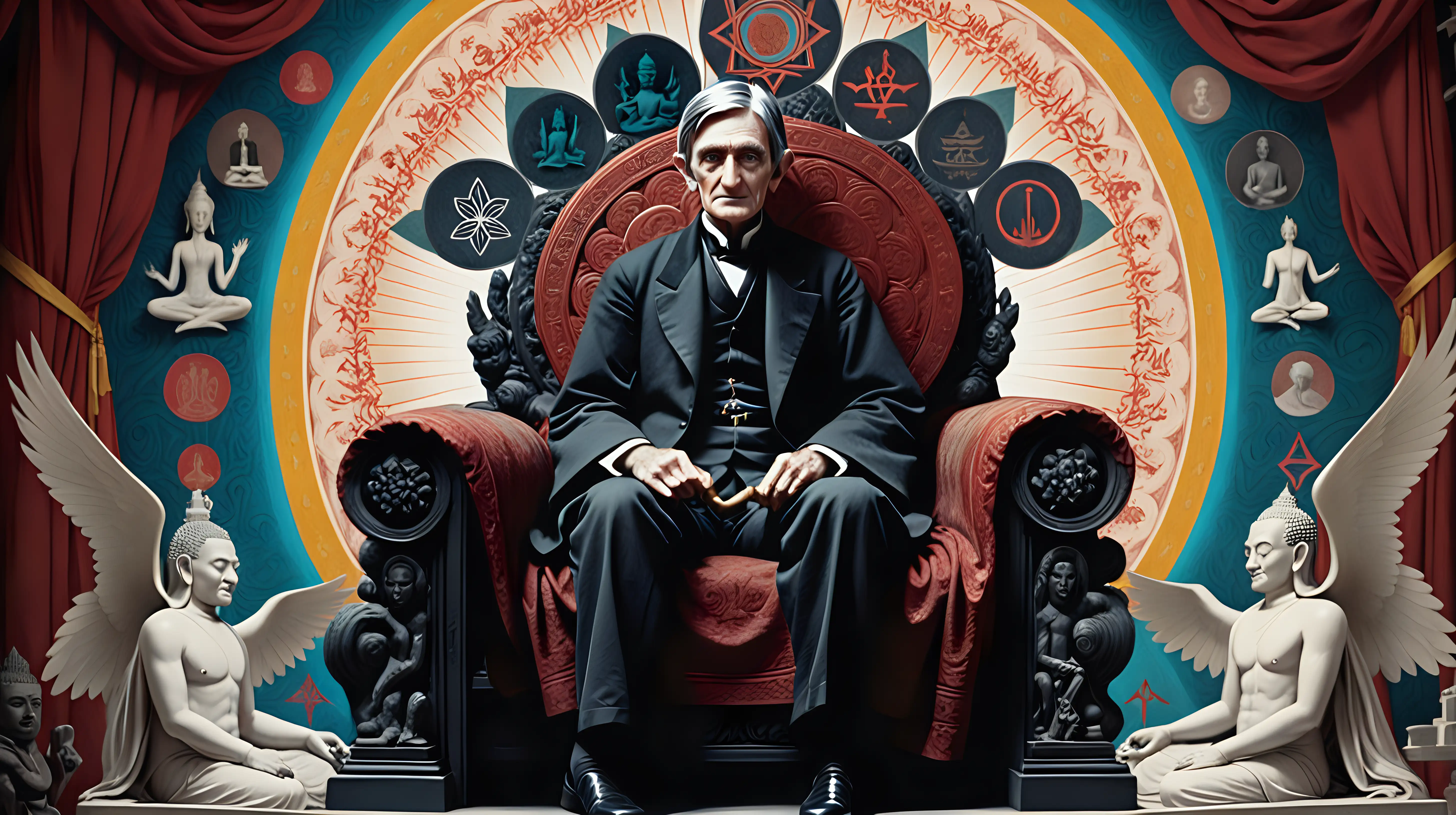 Ralph Waldo Emerson on a throne with transcendental, Buddhist, Christian, and mystic symbols behind him