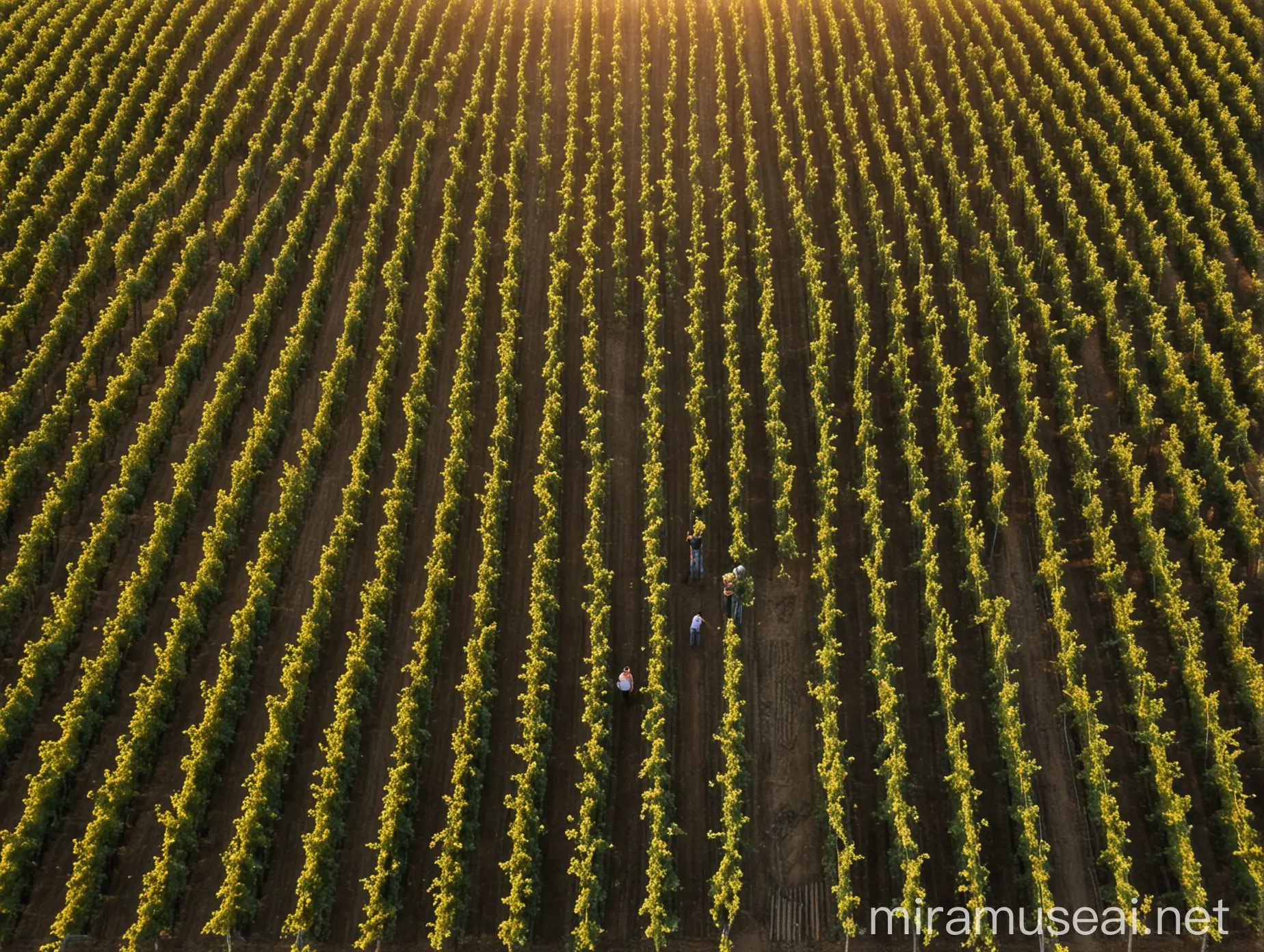 Photo aérienne prise par drone d'une parcelle de vigne, où l'on distingue les rangs de vigne, avec légèrement de perspective, avec une lumière type coucher de soleil, haute qualité, réaliste, avec une personne qui travaille dans un rang, assez éloigné