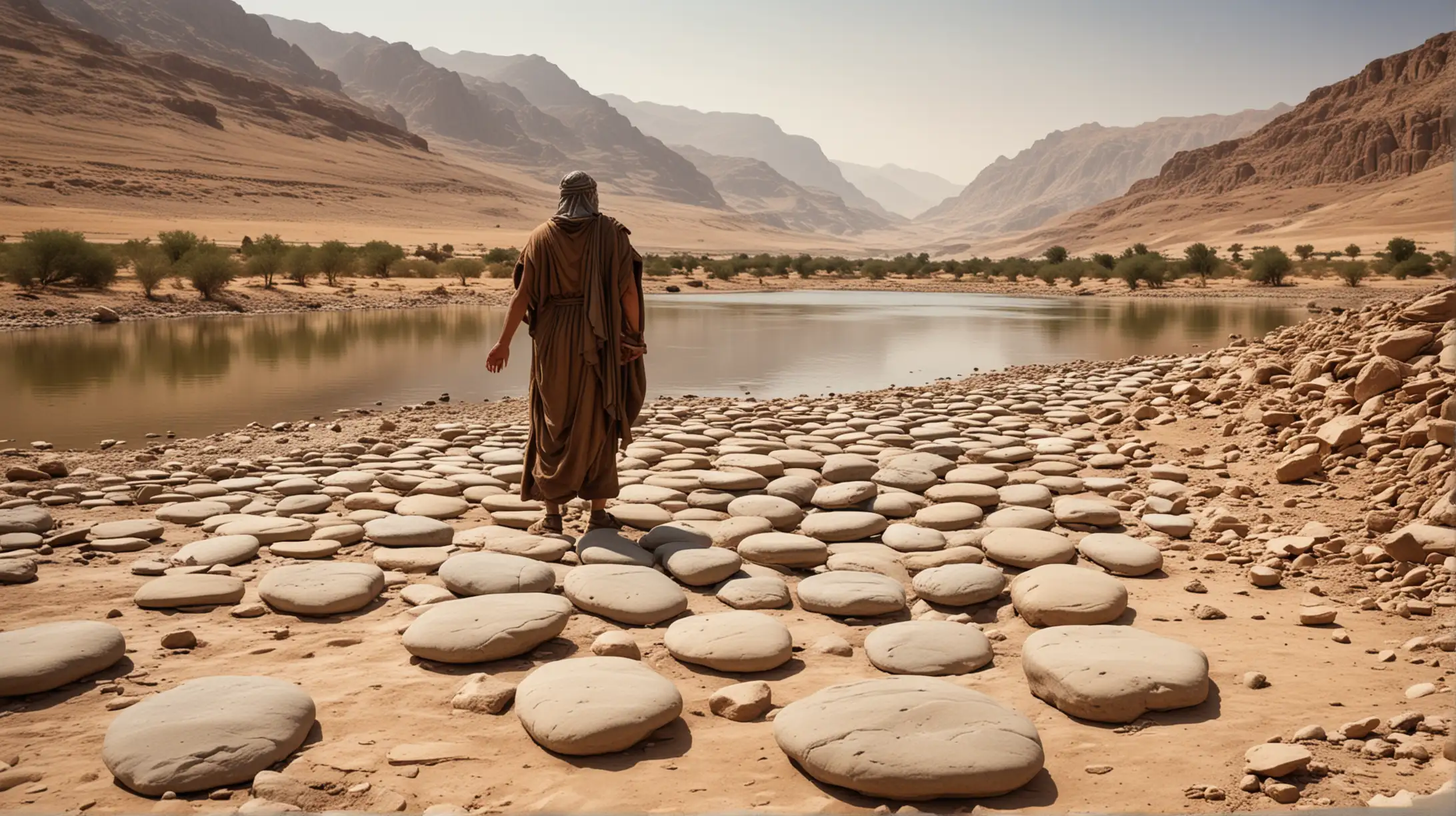 12 large flat smooth stones, the size of which  2 men would need to carry, in the background, desert mountains and a a river.  Set during the Biblical era of Moses, in the Middle East.