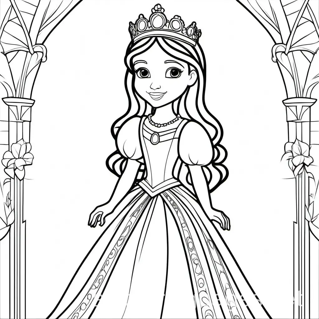 Princess Isabella, Coloring Page, black and white, line art, white background, Simplicity, Ample White Space. The background of the coloring page is plain white to make it easy for young children to color within the lines. The outlines of all the subjects are easy to distinguish, making it simple for kids to color without too much difficulty