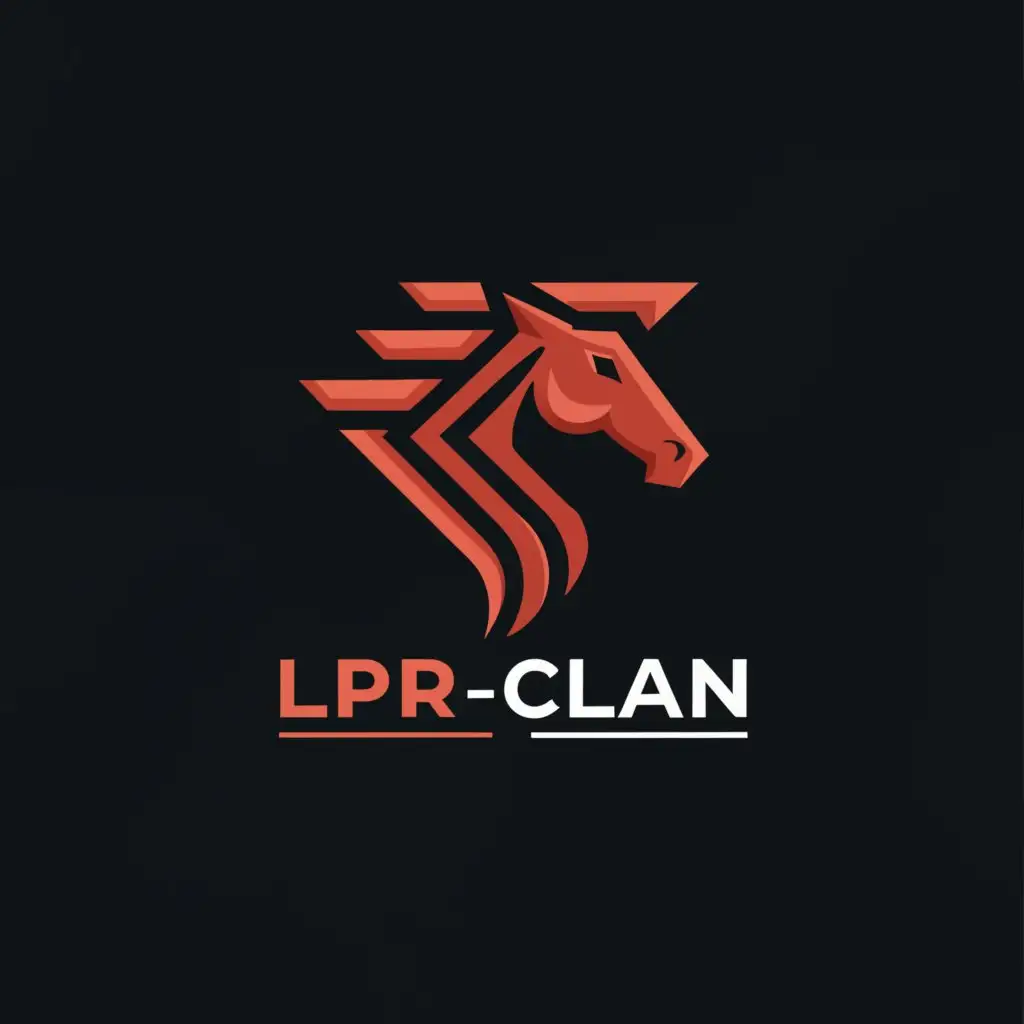 a logo design,with the text "LpR-Clan", main symbol:gaming,horse,smart
 color:crimson,black,white,Minimalistic,clear background
