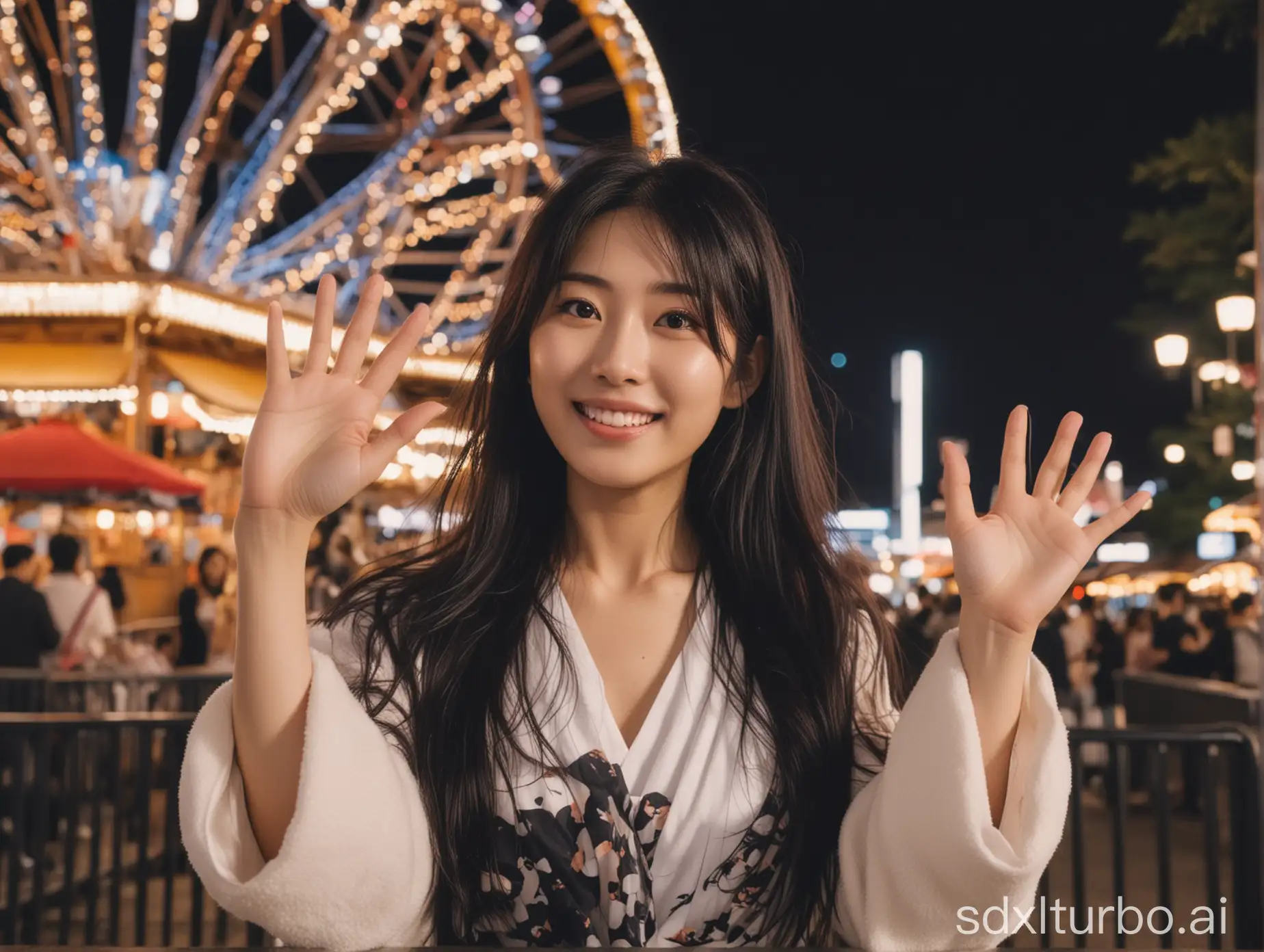 beautiful intellectual typical Japanese 33-year-old girl is having a fun in an amusement park at night, waving her hands, Instagram model, long black hair, warm, height 6.5 feets, female, masterpiece, 4k, (((correct fingers or hands)))