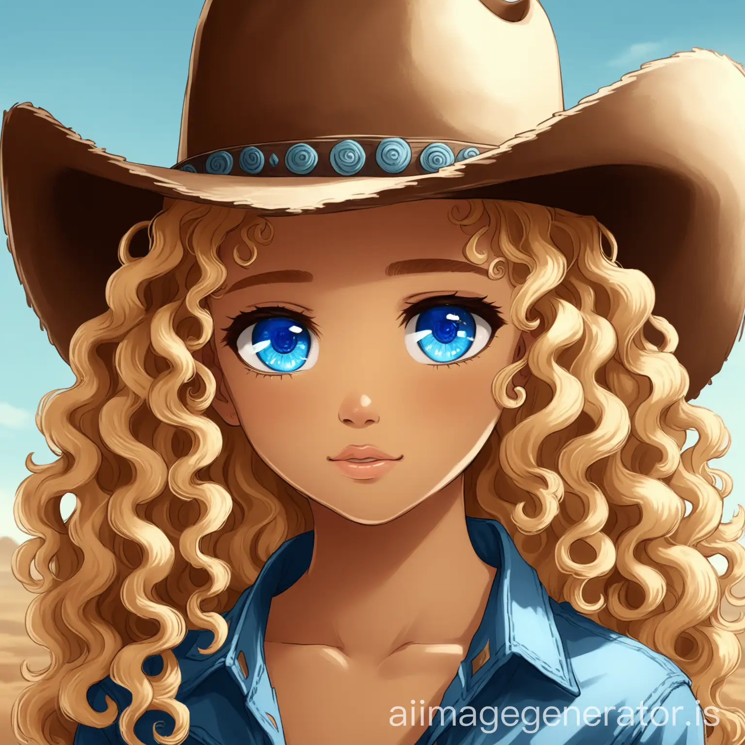 A light skinned girl with blue eyes, blonde curly hair, and has a cowboy hat, and she looks 16