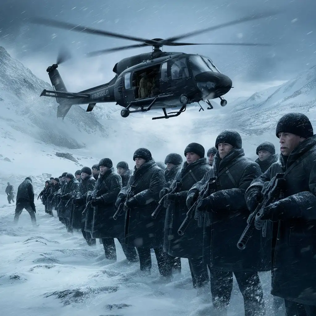 cold mountains, military soldiers, guns in hand , helicopter