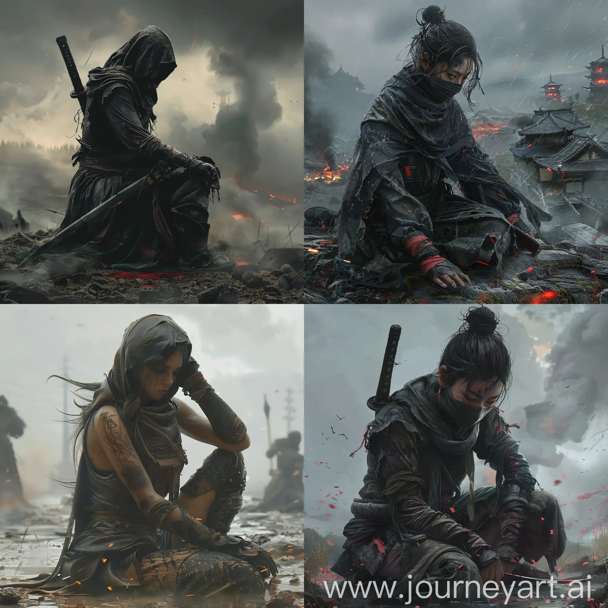Wounded-Female-Ninja-Kneeling-on-Battlefield-Cinematic-Realism-Wallpaper