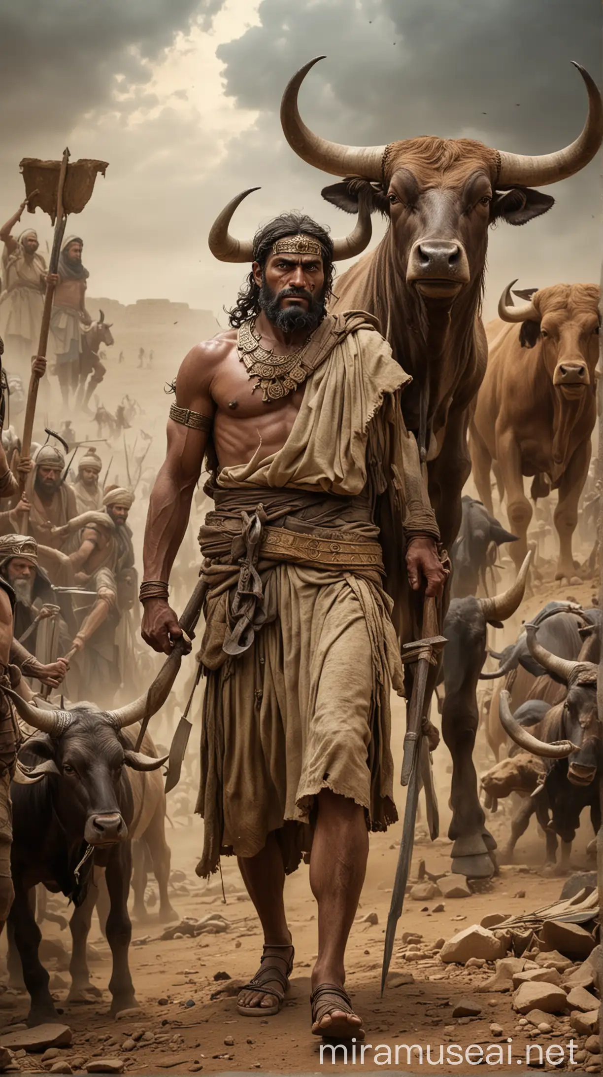 Shamgar the Heroic Figure with Ox Goad Facing Fleeing Philistine Warriors