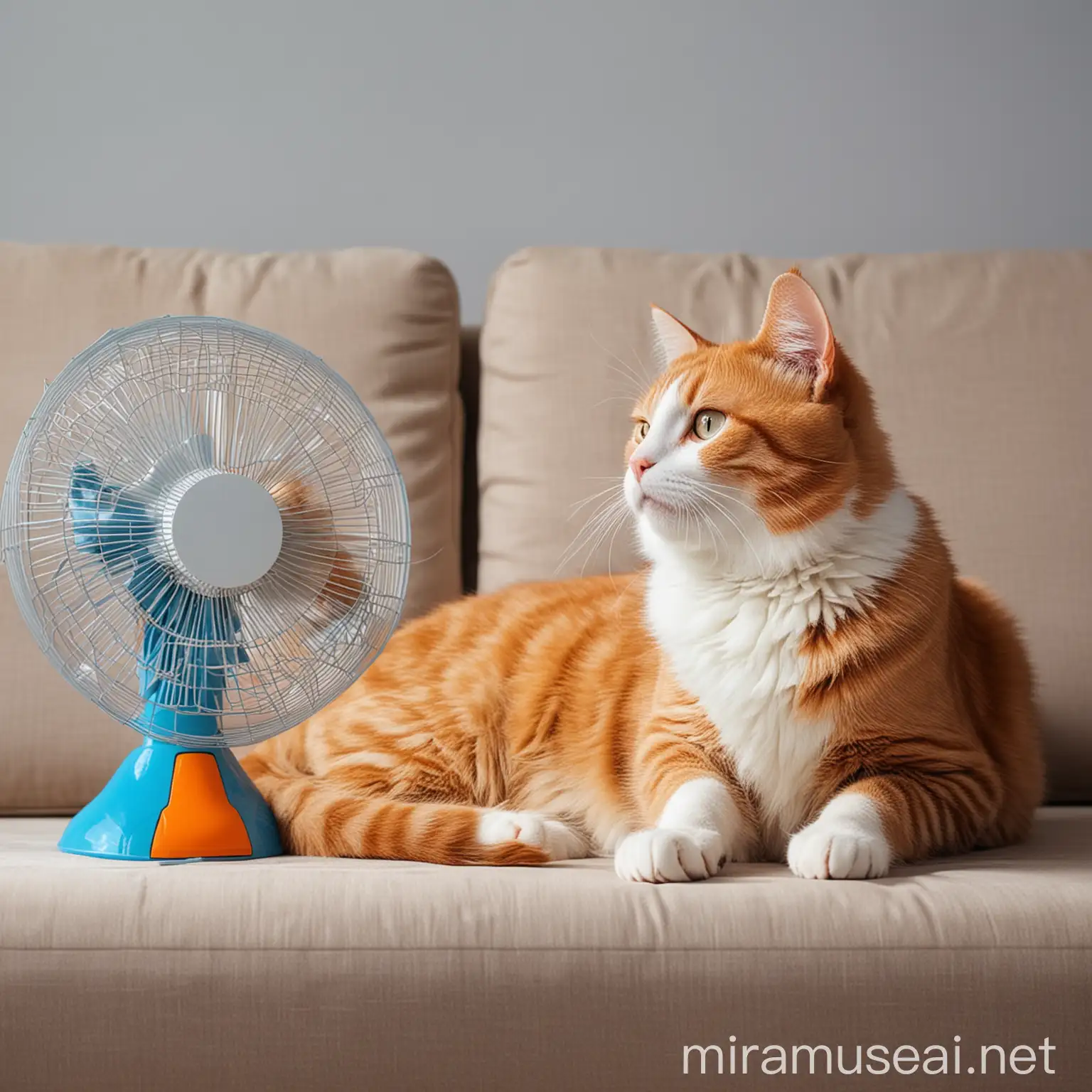Кошка лежит на диване. Рядом стоит вентилятор. В ярких синих и оранжевых цветах