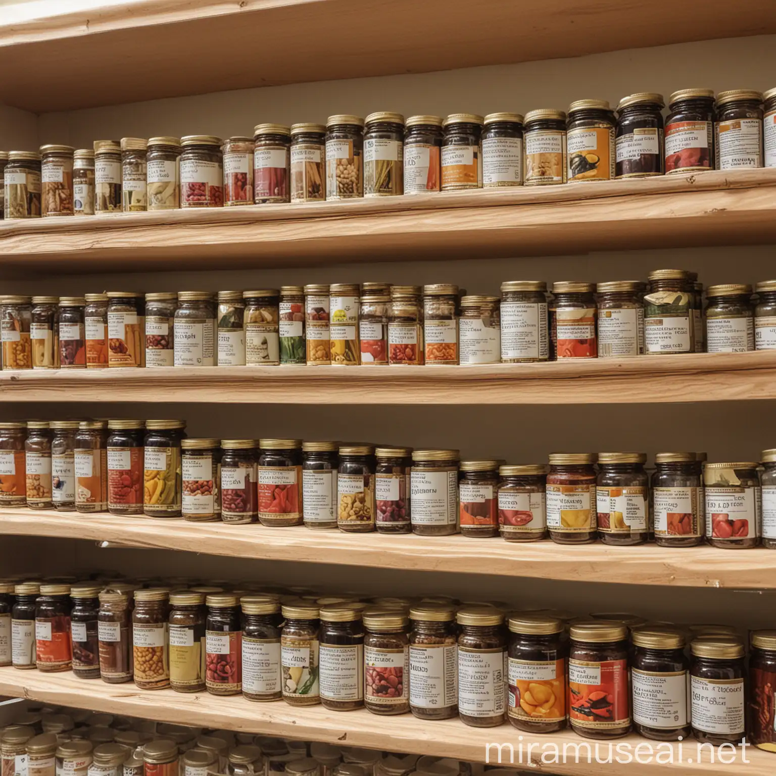 Assorted Jars of Dietary Supplements on Wooden Shelf