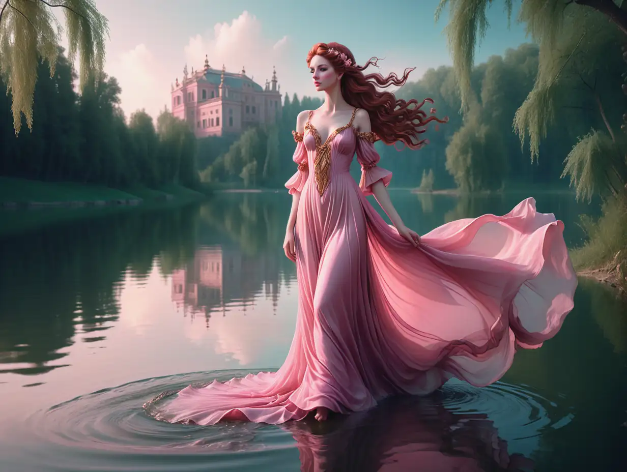 Ауланбу - богиня красоты прекрасная девушка во весь рост в развевающемся розовом платье с каштановыми волосами уложенными в изумительную причёску идёт по берегу спокойного озера ранним утром в стиле барокко фэнтази.