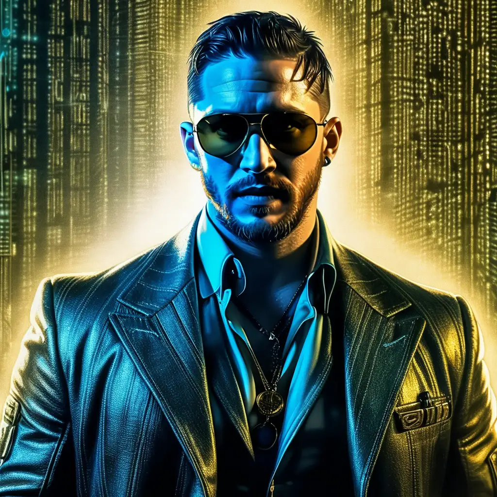 Tom Hardy, a future AI undercover agent, full body image, wearing sun glasses, Matrix style artwork, blue and gold light aura