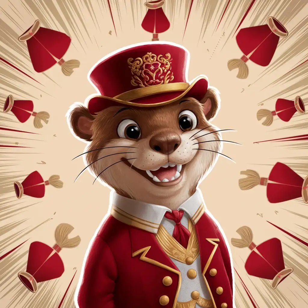 a cartoon otter wearing a red and gold uniform, complete with a hat adorned with a red and gold emblem. The otter is positioned in the center of the image, facing the viewer directly. The background is a light beige color, with red and gold accents adding a festive touch.
