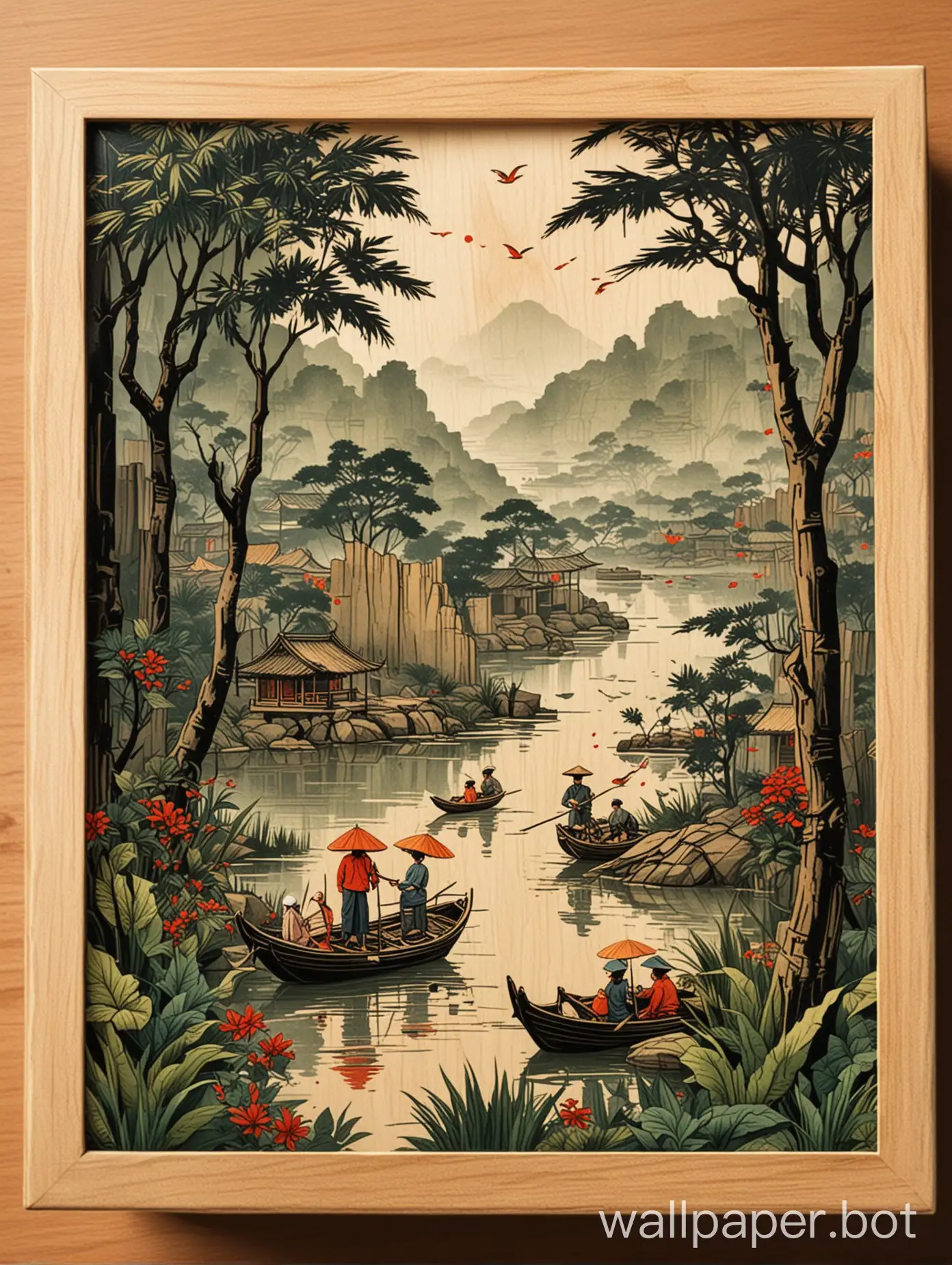  create a Vietnamese traditional scene in a wood block style