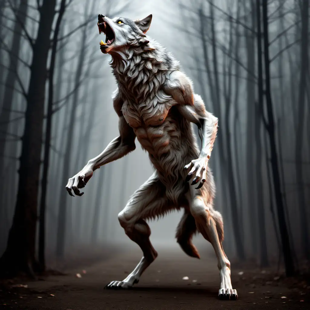 Scary Wolf Standing on Hind Legs in Moonlit Forest