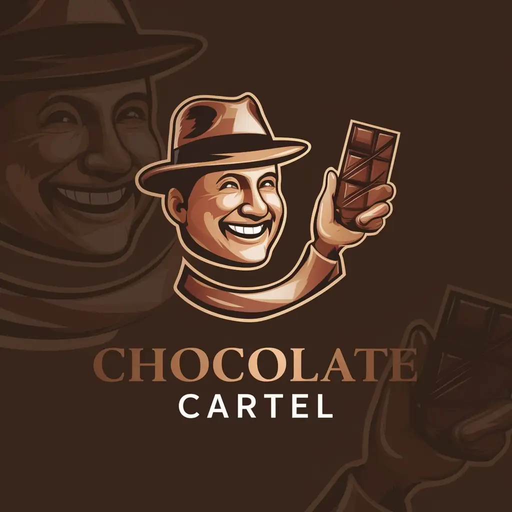 a logo design,with the text "chocolate cartel", main symbol:smiling man handing you a chocolate bar,Moderate,clear background