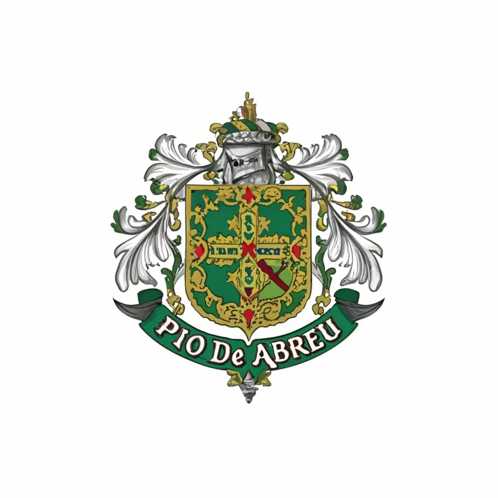 a logo design,with the text "Pio de Abreu", main symbol:symbol with scrolls around the coat of arms with green details and with slogan: Scientia Sanitatis et Mentis: Salutem Aeternam Inquirimus

irish and portuguese royalty reference in the design,complex,be used in Religious industry,clear background