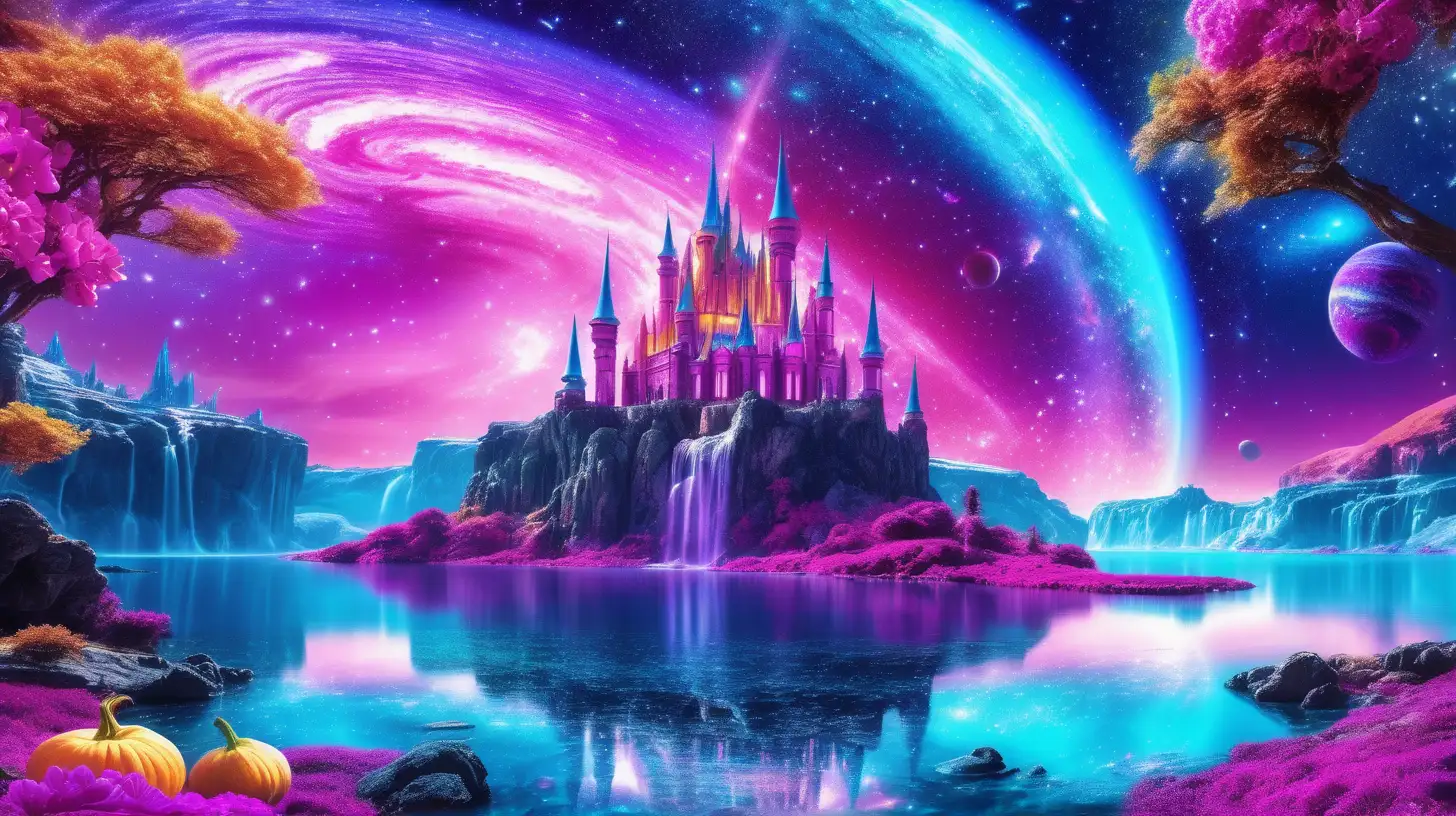 florescent fairytale pumpkins with enchanted castle of Orange and Purple and golden-magenta in golden dust and a magical turquoise glowing lake and waterfall of luminescent  magenta flowers, giant magenta-fire planet in the sky among galaxies.