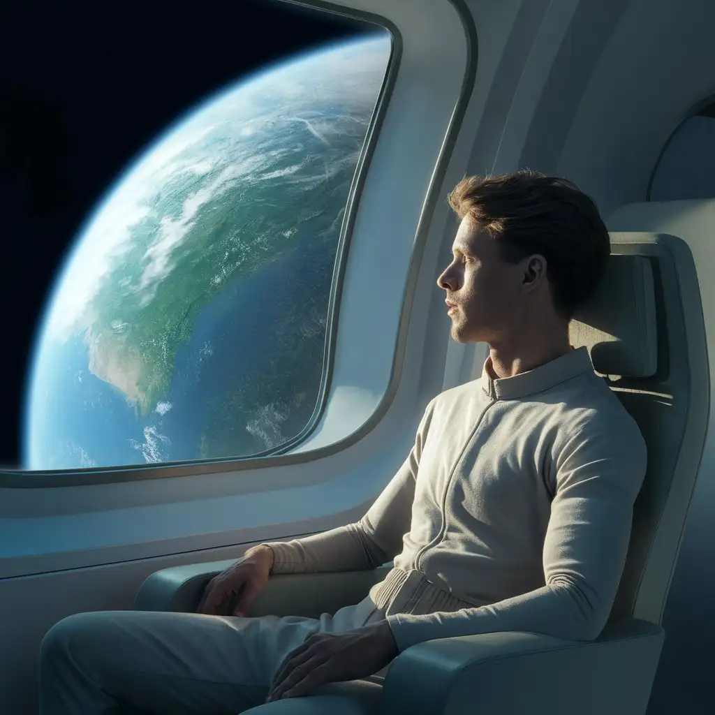 25 year old male looking out the window of a space transport with the earth in the distance . He is sitting in a seat similar to an airline seat. He wears simple futuristic outfit. 