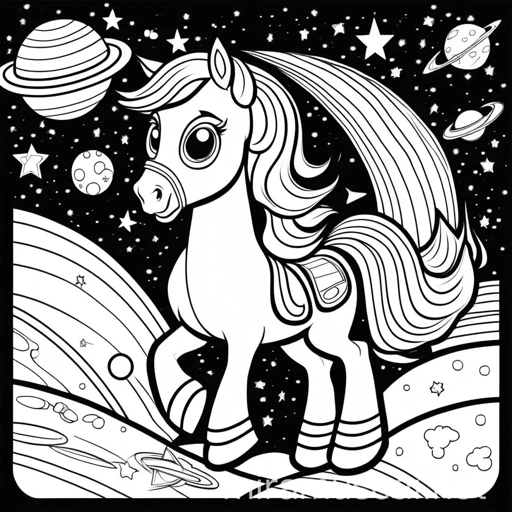 Space Adventure Coloring Page Cartoon Style Horse in Black and White