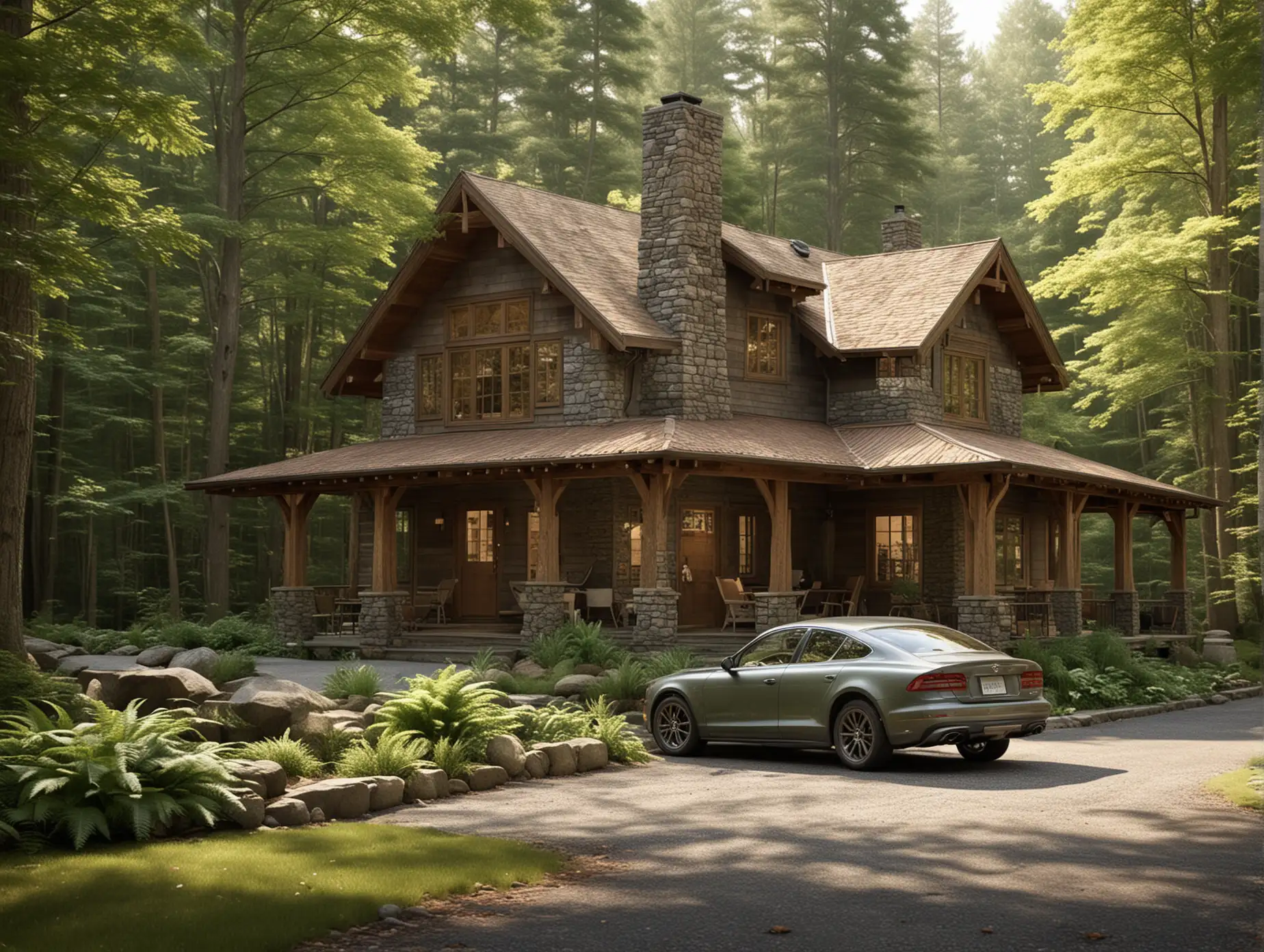 Generate an image showcasing the exterior of a cozy cabin nestled in a forested setting, with a car parked in its driveway. The cabin should exude rustic charm, featuring natural materials such as wood and stone, and a warm color palette that blends harmoniously with the surrounding environment. Incorporate elements such as a sloped roof, wooden beams, and a welcoming front porch with comfortable seating. The car parked in the driveway should be a rugged yet stylish model, reflecting the owner's appreciation for outdoor adventures. Surrounding nature, such as tall trees, ferns, and dappled sunlight filtering through the foliage, should create a tranquil and idyllic backdrop. The overall composition should evoke a sense of coziness, warmth, and a deep connection to nature, inviting viewers to imagine the peaceful retreat this cabin provides amidst the beauty of the forest.