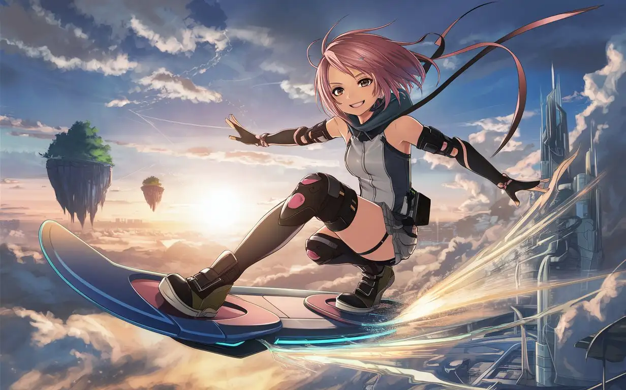 girl with short pink hair, surfing on futuristic hoverboard in the clouds, anime