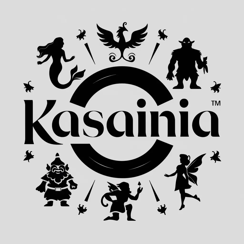logo
write kasainia in the center 
On the edge big black and white symbols of one of each (nothing else) : mermaid, phoenix, ogre, dwarf, women elf and fairy 