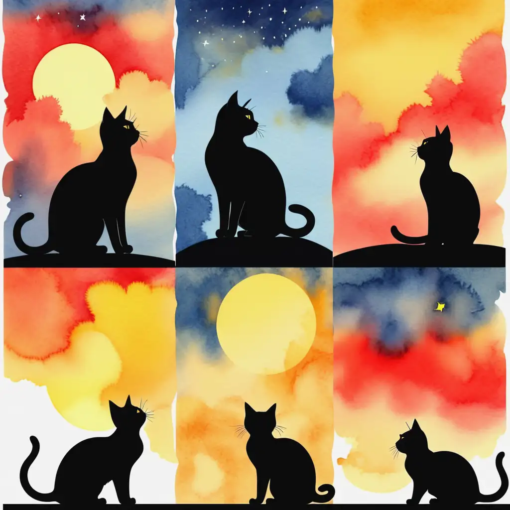 Sihloutte of five different cat positions, aquarell romantic atmosphere of the sky in yellow and red