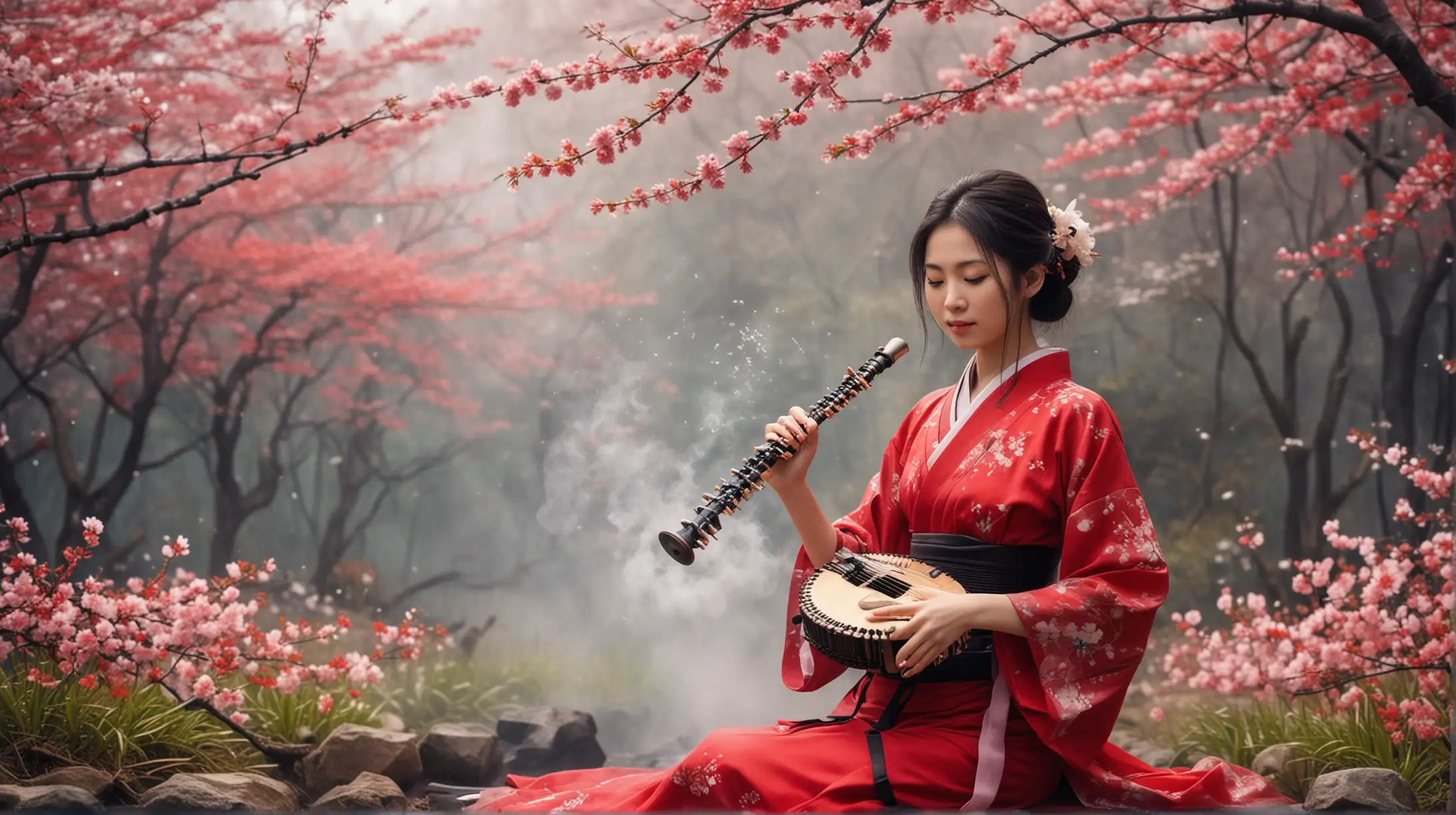 Japanese Girl Playing Koto and Shakuhachi Amidst Sakura Blossoms in Garden Mist