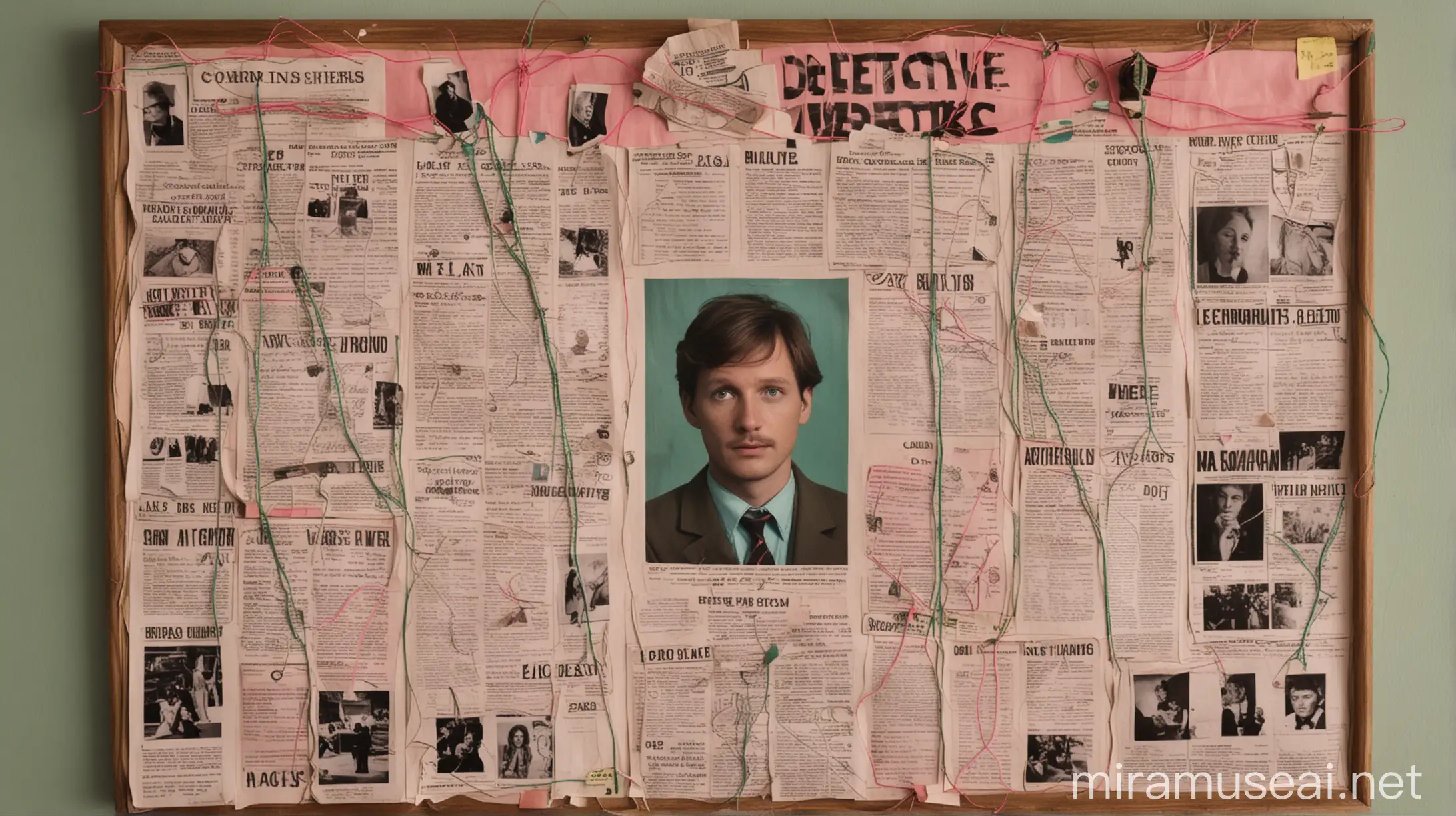 wes anderson inspired detective board with newspaper clippings, evidence reports, and pink and green string connecting the dots. 