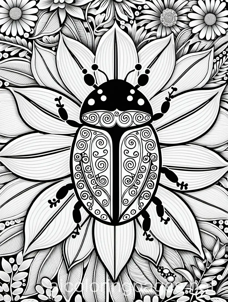 A ladybug on a flower full page zentagle, Coloring Page, black and white, line art, white background, Simplicity, Ample White Space. The background of the coloring page is plain white to make it easy for young children to color within the lines. The outlines of all the subjects are easy to distinguish, making it simple for kids to color without too much difficulty